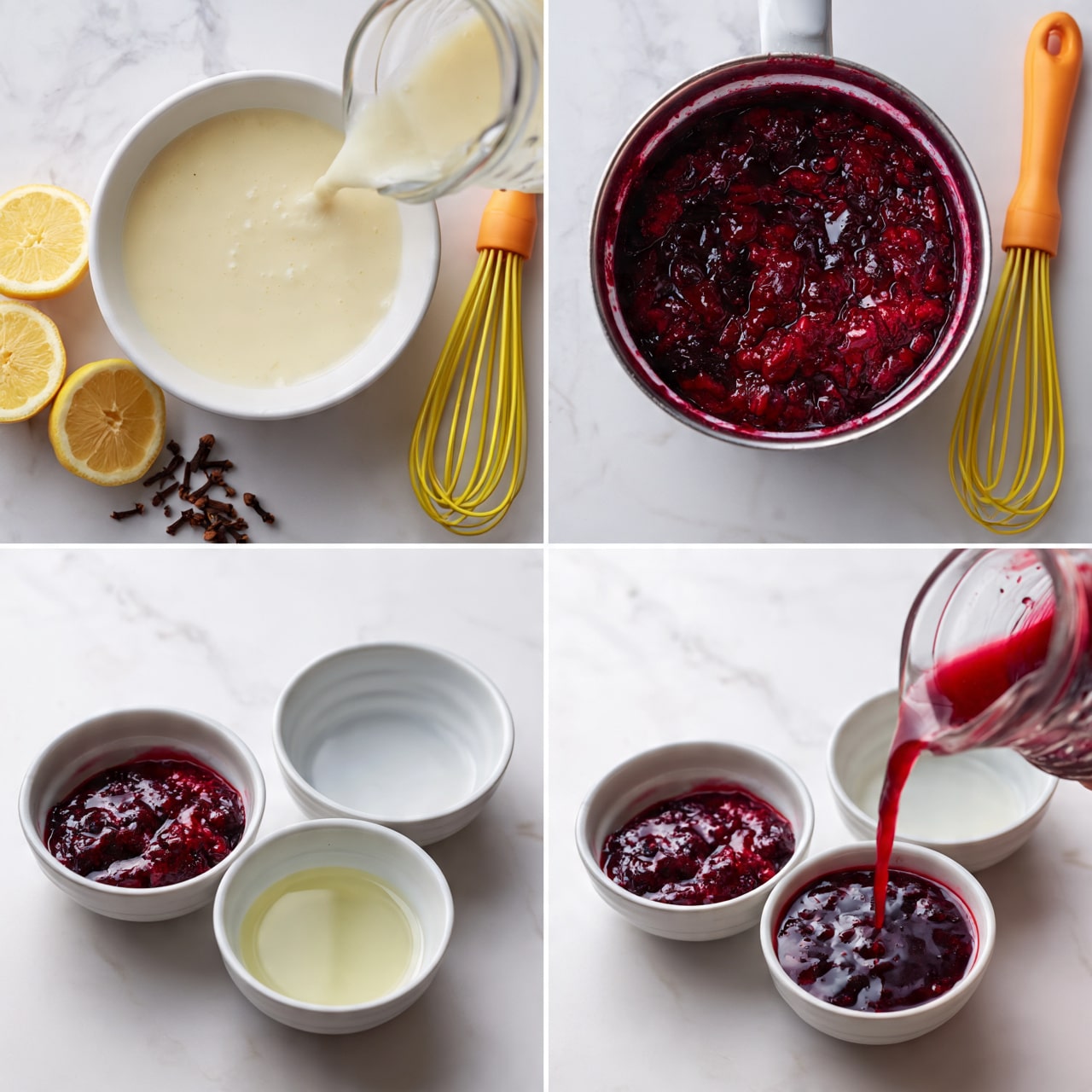 square image The image shows two side-by-side panels, each with four smaller pictures arranged in a grid. The top left image shows a white bowl with a pale creamy liquid being poured from a clear jug, beside a yellow whisk with an orange handle resting on a white marbled surface, surrounded by lemon halves and whole cloves. The top right image displays a pot filled with a dark red, almost purple chunky mixture, with the same yellow whisk resting beside it on the white marbled surface. The bottom left image features three white bowls on the marbled surface: one with the dark chunky mixture, a smaller one with clear pale yellow liquid, and a third empty or lightly colored bowl. The bottom right image shows the dark mixture now mostly dissolved or mixed into a red liquid being poured from a jug, with the white bowls arranged the same way on the white marbled surface. photo taken with an iphone --ar 4:5 --v 7