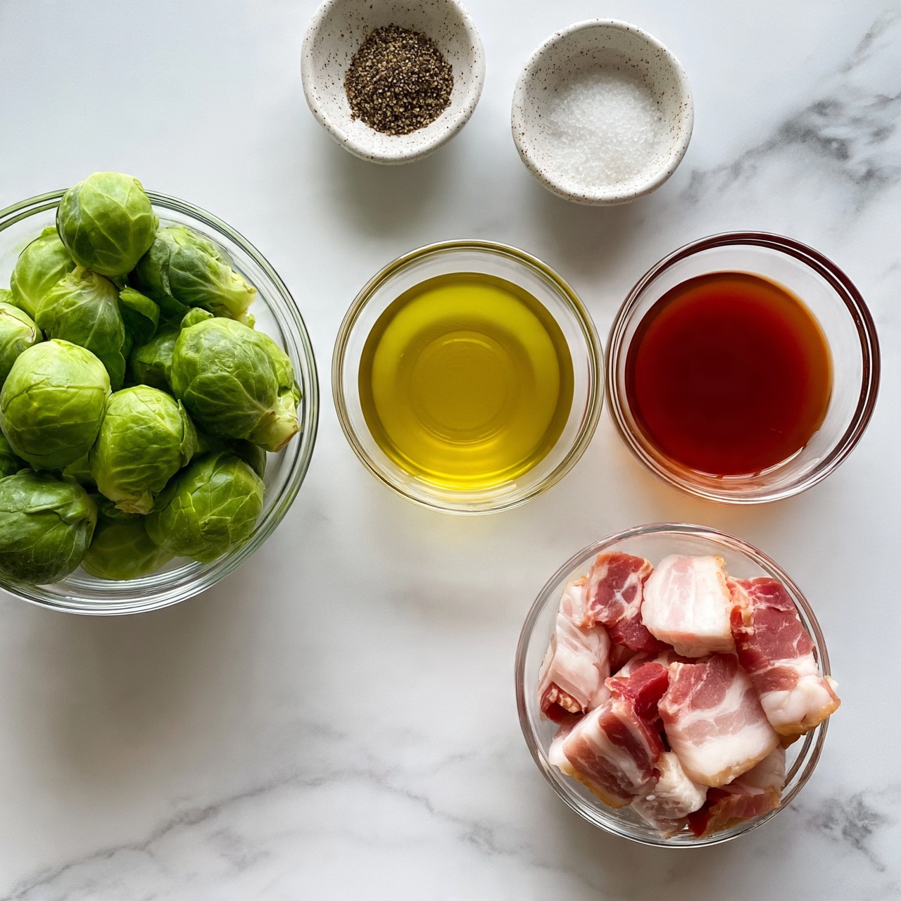 square image In this image, there is a clear glass bowl filled with fresh green Brussels sprouts on the left side. Below and to the right, another clear glass bowl holds small pieces of raw bacon showing white fat and pink meat. Above it, a clear glass bowl contains a golden yellow liquid, likely oil. To the right and slightly above that, a similar bowl holds a rich reddish-brown liquid. At the top center, there is a small white speckled dish with black pepper, and below it, another small white speckled dish filled with white salt. All items are placed on a white marbled surface. Photo taken with an iphone --ar 4:5 --v 7