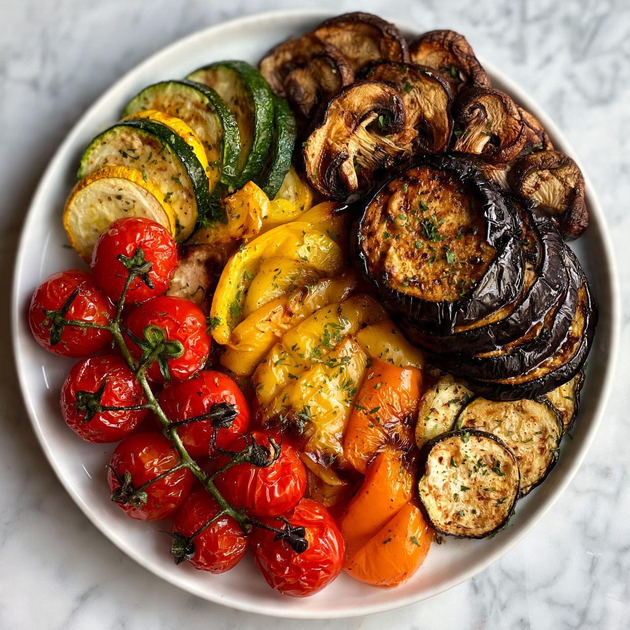 square image A white plate filled with five sections of roasted vegetables arranged in a circle on a white marbled surface. Starting at the top right, there are slices of browned mushrooms with a slightly wrinkled texture. Moving clockwise, next is a stack of roasted eggplant rounds, dark purple with a soft, slightly shiny surface. Below that are bright red cherry tomatoes still on the vine, glossy and plump. Next to the tomatoes are slices of yellow and orange bell peppers, soft with grill marks and a slight shine. Finally, there are round slices of green and yellow zucchini, lightly browned with a soft texture. Everything is garnished with small green herbs sprinkled on top. photo taken with an iphone --ar 4:5 --v 7