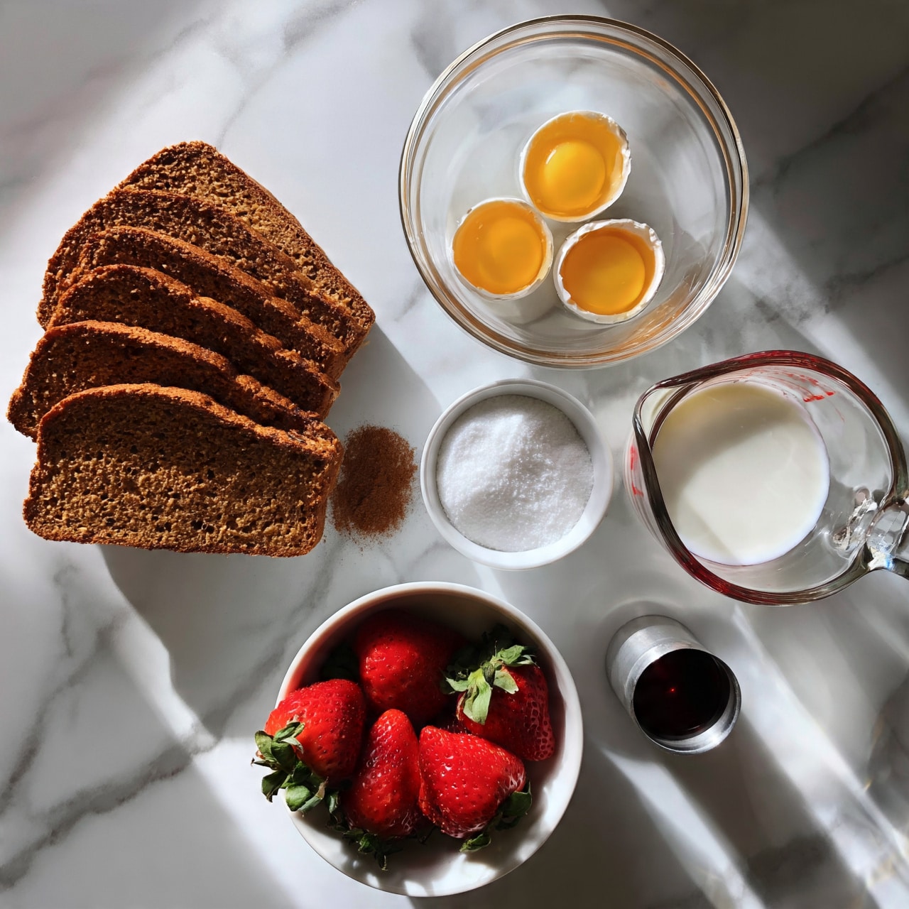 square image The image shows several slices of brown bread stacked on the left side of a white marbled surface. To the right of the bread, there is a clear glass bowl containing three cracked eggs with yellow yolks and clear whites. Near the eggs, a small white bowl filled with white sugar sits beside a glass measuring cup with white milk. Below these, a white bowl holds fresh red strawberries with green leaves. To the right of the strawberries is a small silver container with a dark liquid, and a small mound of cinnamon powder is placed close to the bread. The photo taken with an iphone --ar 4:5 --v 7