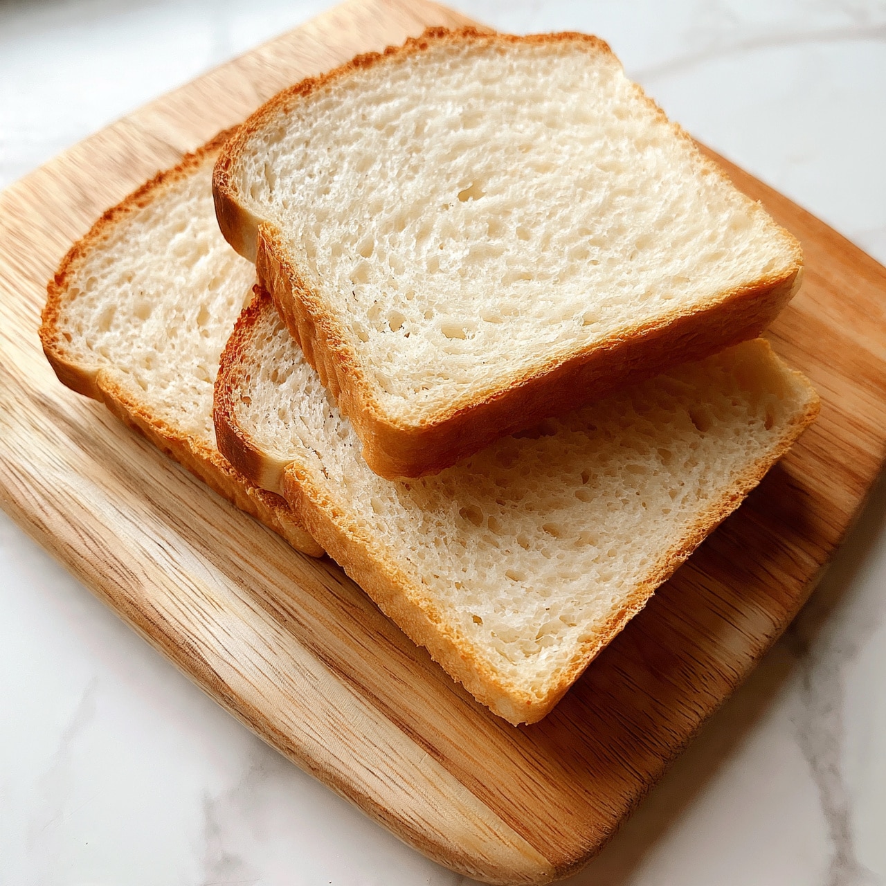 square image Three slices of white bread with a golden brown crust are stacked slightly overlapping on a wooden cutting board with a light-colored wood grain. The bread has a soft, airy inside texture with small holes evenly spread throughout. The board sits on a white marbled surface. Photo taken with an iphone --ar 4:5 --v 7