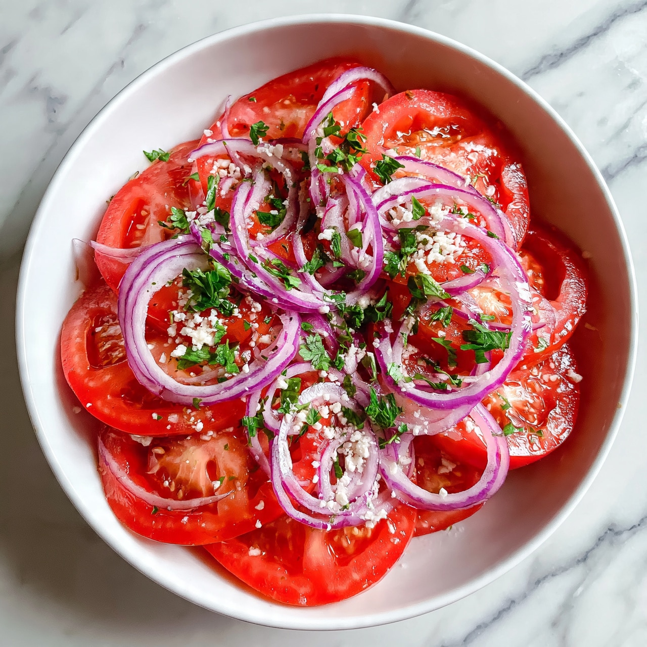 square image The image shows a white bowl filled with a fresh tomato salad arranged in layers. The base layer consists of thick, bright red tomato slices, each showing juicy texture and seeds. On top of the tomato slices, there is a thin layer of finely cut purple onion rings scattered evenly. Light green parsley pieces are sprinkled over the onions, adding a fresh touch. A few small bits of white crumbly cheese are spread over the salad, giving subtle color contrast. The bowl sits on a white marbled surface, enhancing the fresh and colorful look of the salad. Photo taken with an iphone --ar 4:5 --v 7