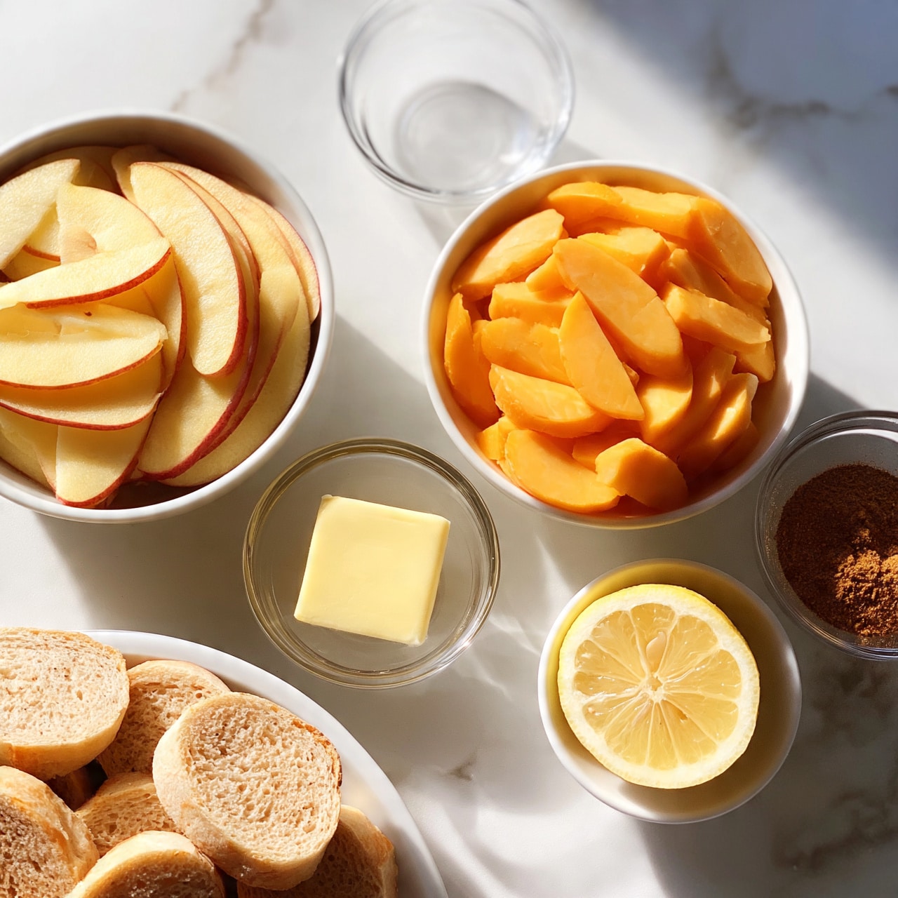 square image A white marbled surface holds several clear glass bowls arranged neatly. One large white bowl is full of thin, pale yellow slices of apples with red skin on the edges. Next to it, a white bowl filled with small orange slices of cheese. A small clear glass bowl contains a pale yellow square of butter. Another small bowl has a brown spice powder. Half of a lemon with pale yellow flesh sits in a small white bowl. At the bottom left, a white plate is filled with light brown, round bread slices with a crusty texture. The scene is simple and clean, with soft natural lighting. photo taken with an iphone --ar 4:5 --v 7square image