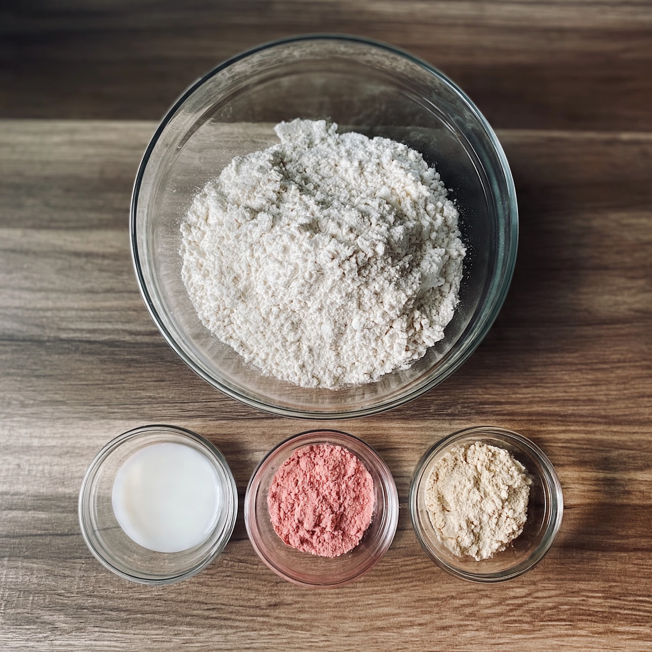 square image A clear glass bowl filled with a pile of white flour sits centrally on a wooden surface. Below this large bowl, there are three small clear glass bowls arranged in a straight line. The bowl on the left holds a white liquid, the middle bowl contains pink powder, and the one on the right has a light beige powder. The overall setup focuses on the ingredients shown from above with simple, clean colors and textures. Photo taken with an iphone --ar 4:5 --v 7