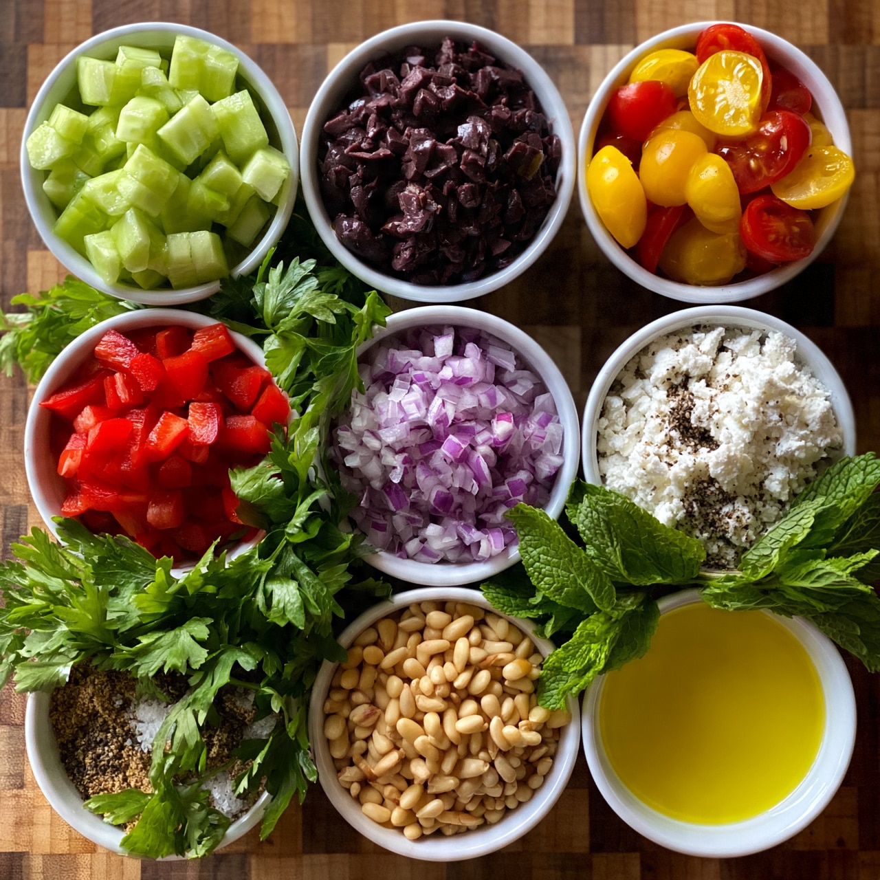 square image The image shows nine small white bowls arranged in a grid on a wooden checkered surface with a bunch of fresh green parsley and mint leaves placed beside them. The bowls contain different chopped ingredients: bright light green cucumber cubes, dark purple chopped olives, mixed yellow and red cherry tomato halves, small red bell pepper cubes, crumbled white cheese, and finely diced purple onions. There is a small bowl with light tan pine nuts, another small bowl with a light brown powder, and a bowl with olive oil which is bright yellow. A small white bowl contains black pepper and coarse white salt. The overall scene is colorful and fresh. photo taken with an iphone --ar 4:5 --v 7