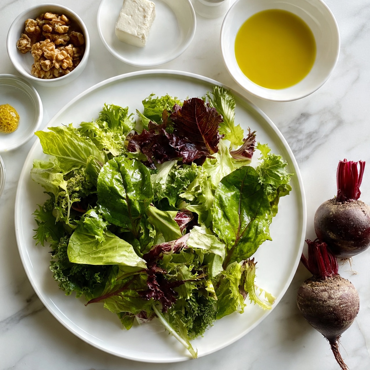square image A white plate holds a mix of fresh salad leaves in various shades of green and some purple, with different textures like curly, smooth, and ruffled leaves spread evenly. Around the plate, there are several small white bowls and dishes: one with whole walnuts, one with a cube of white cheese, one with golden olive oil, one with a small portion of yellow mustard, and another with a clear liquid. To the right side of the plate, there are three whole raw beets with red stems and rough dark purple skin resting on a white marbled surface. The whole setup looks clean and fresh, with natural colors and a bright feel. photo taken with an iphone --ar 4:5 --v 7