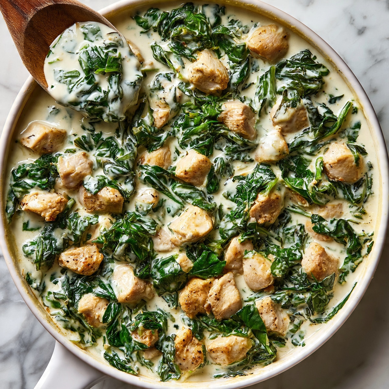square image The image shows a creamy dish in a white skillet, filled with small pieces of cooked chicken mixed with wilted green spinach leaves. The sauce is thick and white with a smooth texture, surrounding the chicken and spinach evenly. A wooden spoon is dipping into the skillet from the top left corner, partially covered by the creamy sauce and greens. The white marbled surface is visible around the skillet edges. Photo taken with an iphone --ar 4:5 --v 7