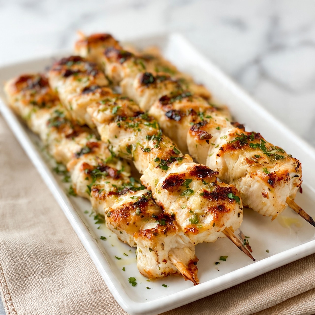 square image The image shows six wooden skewers with grilled chicken pieces arranged on a white rectangular plate. The chicken is cooked with light brown char marks and is sprinkled with green herbs, giving it a fresh look. The plate is placed on a beige cloth, and the background features a white marbled texture. The overall look is simple and clean, focusing on the well grilled chicken skewers. photo taken with an iphone --ar 4:5 --v 7