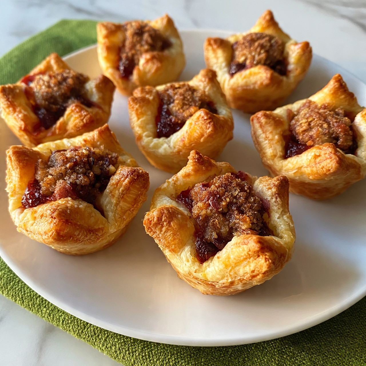 square image The image shows six small puff pastry cups on a white plate resting on a green cloth. Each cup has four golden, flaky, and slightly crispy puff pastry corners folding inward at the top, creating a small open pocket. Inside this pocket is a layer of reddish filling, likely cranberry sauce, topped with a textured, crumbly brown layer, probably made from nuts or brown sugar. The colors contrast well between the golden pastry, dark red filling, and brown topping. The plate sits on a white marbled surface. photo taken with an iphone --ar 4:5 --v 7