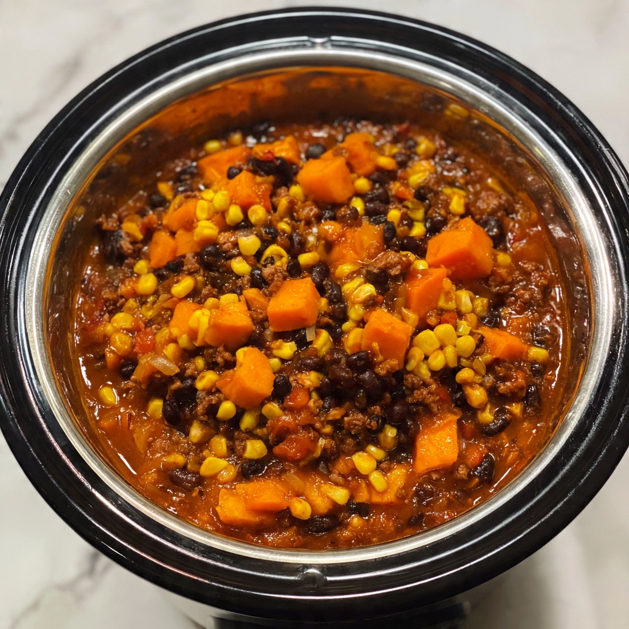 square image The image shows a black electric cooker pot filled with a thick stew. The stew has a reddish-brown sauce base with visible layers of ingredients, including bright orange sweet potato chunks, yellow corn kernels, black beans, and small pieces of cooked ground meat mixed throughout. The colors are warm and rich, with the orange and yellow ingredients contrasting against the darker beans and meat. The inside of the pot is shiny metal, and the pot is placed on a white marbled surface. Photo taken with an iphone --ar 4:5 --v 7