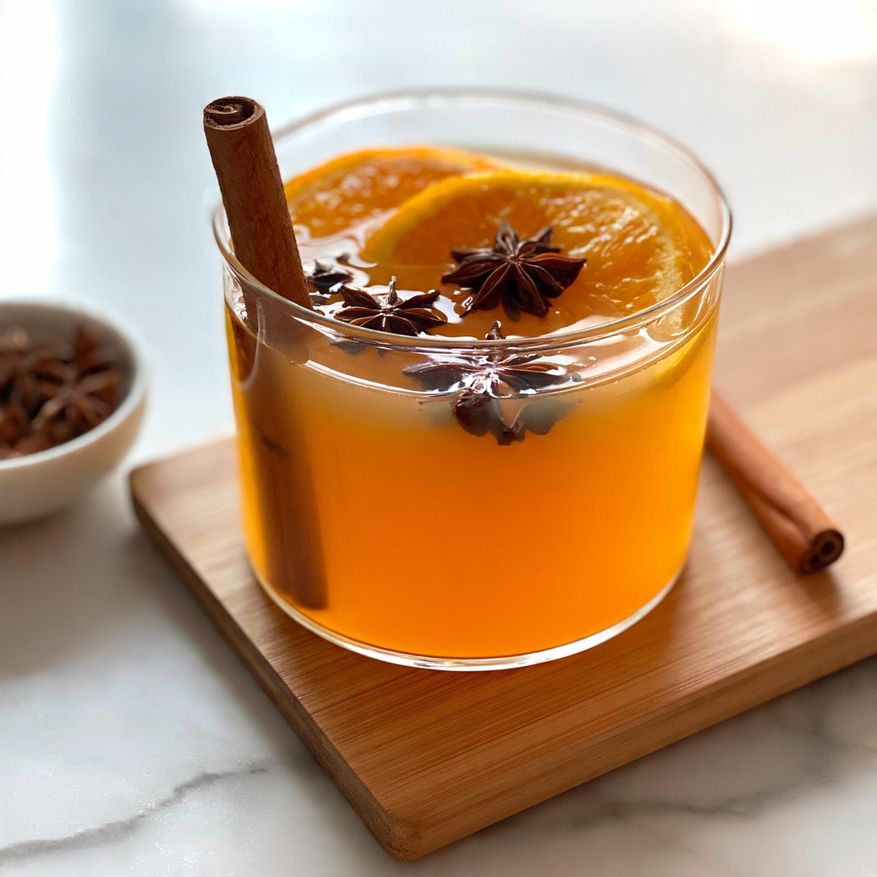 square image A clear glass cup filled with warm orange liquid is placed on a light wood board over a white marbled surface. Inside the drink, there is one cinnamon stick standing upright near the side and orange slices floating on top. Several star anise pieces are also floating on the surface, adding dark brown star shapes to the orange liquid. To the left of the cup, a small white bowl holds more star anise. On the right side of the board, a cinnamon stick rests next to the cup. The background is soft and bright. photo taken with an iphone --ar 4:5 --v 7