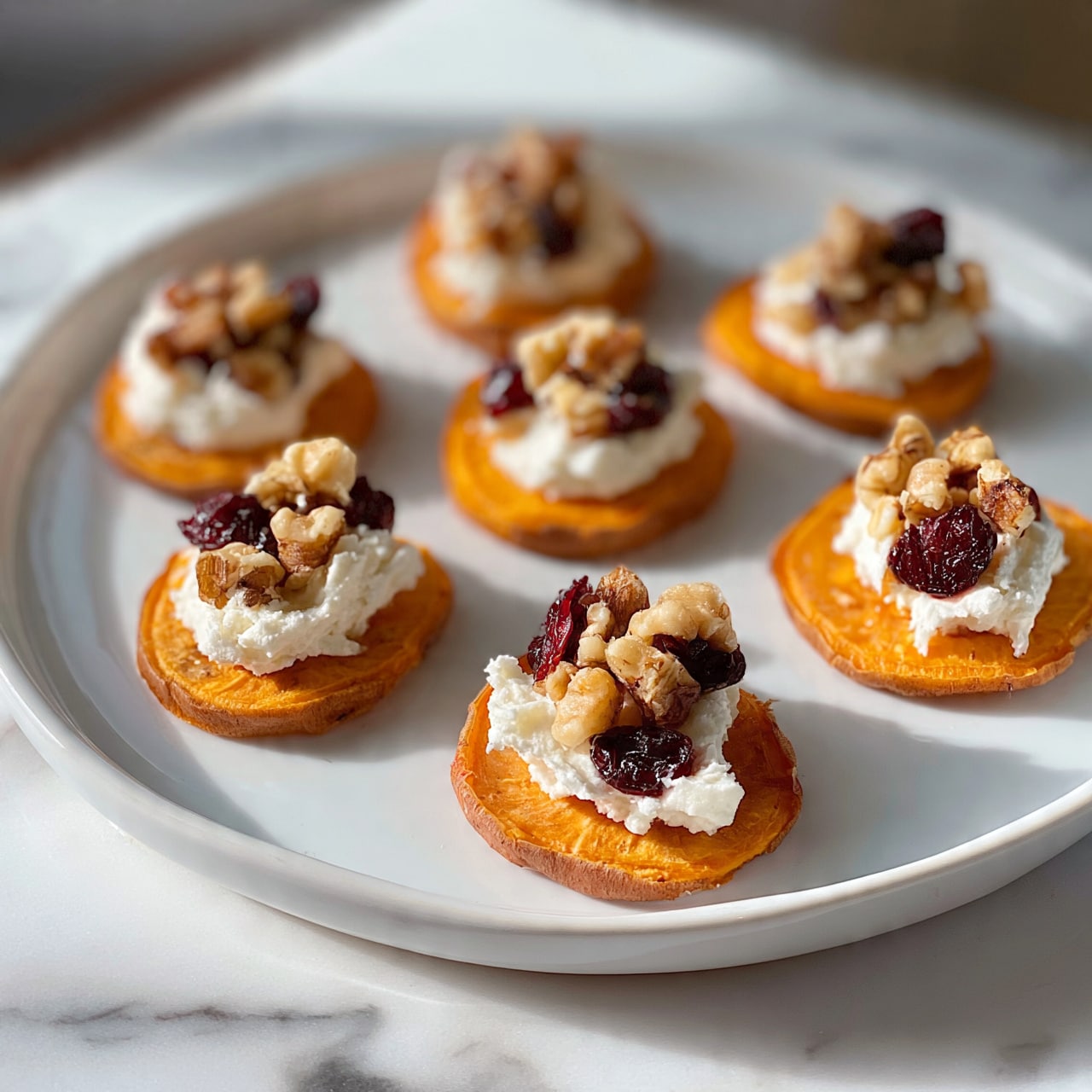 square image The image shows six round slices of sweet potato, each topped with a small scoop of creamy white cheese, pieces of walnut, and a few dark red dried cranberries. The sweet potato slices are bright orange with a smooth texture, placed in a scattered pattern on a simple white plate. The plate rests on a white marbled surface. The colors are warm and natural, with the orange, white, brown, and red creating a nice contrast. In the background, there is a blurred area that helps focus on the sweet potato snacks. photo taken with an iphone --ar 4:5 --v 7