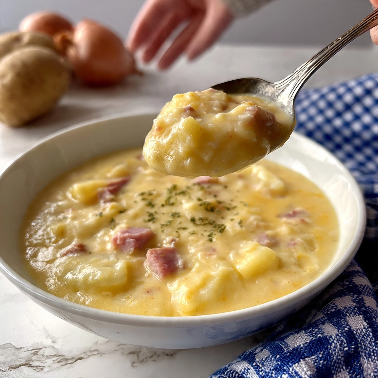 square image The image shows a bowl of thick creamy soup with a pale yellow color and bits of potatoes and ham pieces mixed inside. The soup is garnished with small green herb pieces sprinkled on top. A spoon is lifting a portion of the soup, showing its rich and smooth texture along with visible chunks. The bowl is white and sits on a white marbled surface with a blue and white checkered cloth nearby. In the background, there are whole potatoes, onions, and a woman's hand hovering near the bowl. Photo taken with an iphone --ar 4:5 --v 7