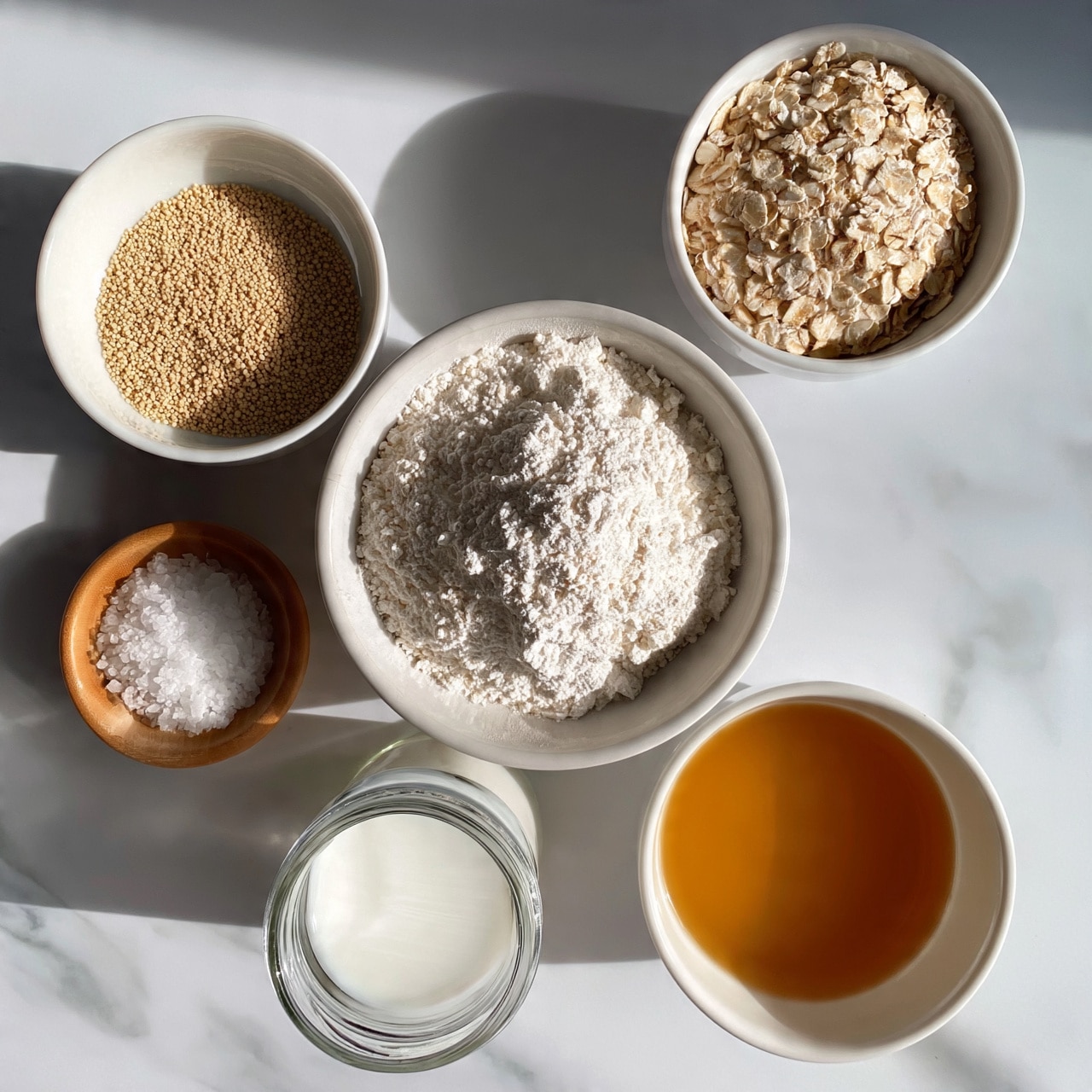 square image Five small white bowls and a small glass jar are arranged on a white marbled surface. The largest white bowl in the center holds a loose heap of white flour with a rough texture. To its top right, a smaller white bowl contains light tan rolled oats with a flat and slightly curled texture. Below the oats, a white bowl is filled with a smooth, amber-colored liquid. To the top left of the flour bowl is a white bowl with fine light brown yeast granules. Below that, a small, round brown bowl has white salt crystals, and next to it, a small clear glass jar holds white milk. The scene is bright and clean with soft shadows. photo taken with an iphone --ar 4:5 --v 7