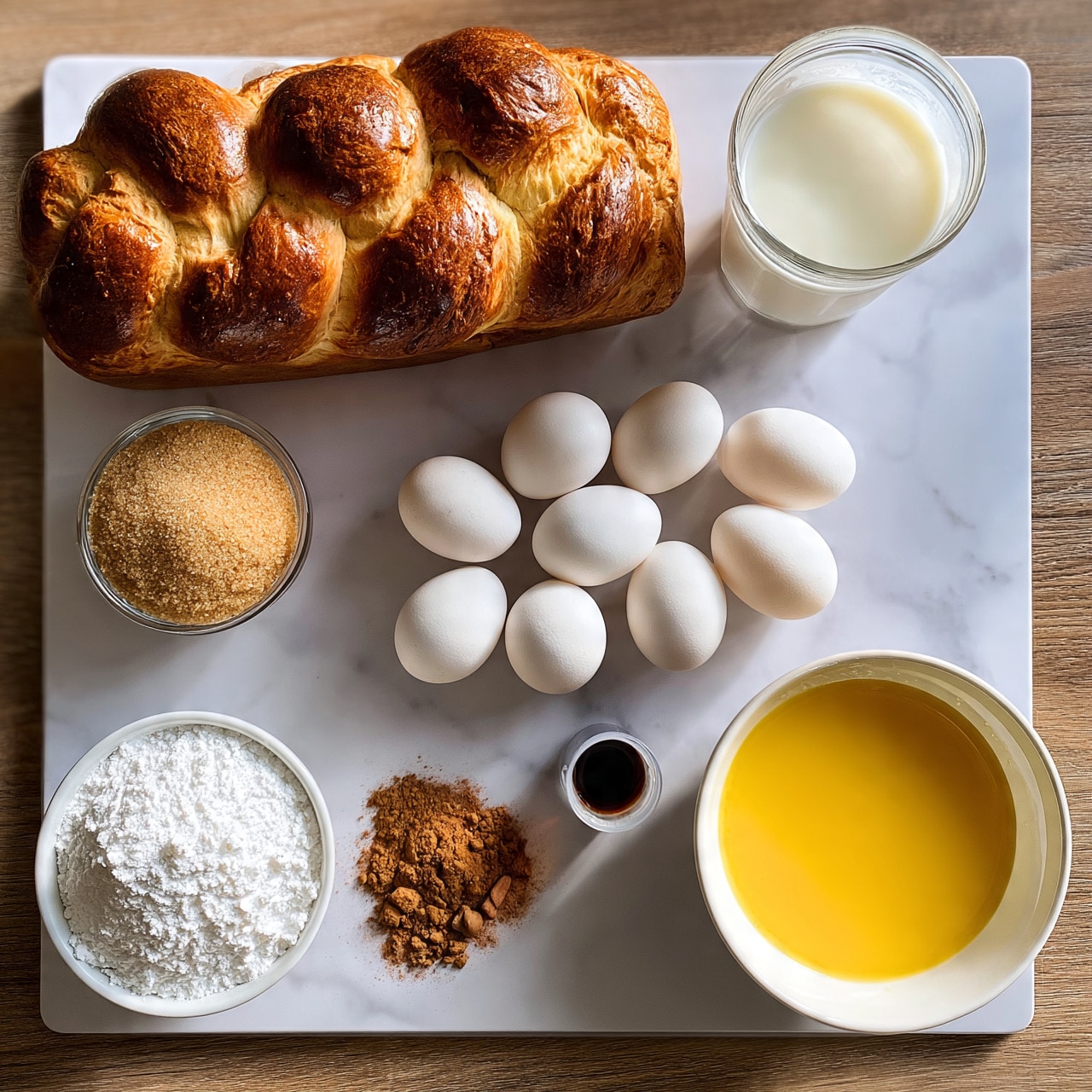 square image The image shows a wooden table with several ingredients neatly placed on it, all on a white marbled surface. There is a large loaf of braided bread at the top left, with a small glass bowl of brown sugar right next to it. To the right, there is a clear glass cup filled with milk. Below, six white eggs are scattered around the center of the scene. In the bottom left corner, a small white bowl holds white powdered sugar, and next to it, a small pile of ground cinnamon and nutmeg sits close by. A small amount of dark vanilla extract is in a clear container near the eggs, and a white bowl with melted butter is placed at the bottom right. Everything is arranged clearly and evenly, showing off the different textures and colors. Photo taken with an iphone --ar 4:5 --v 7