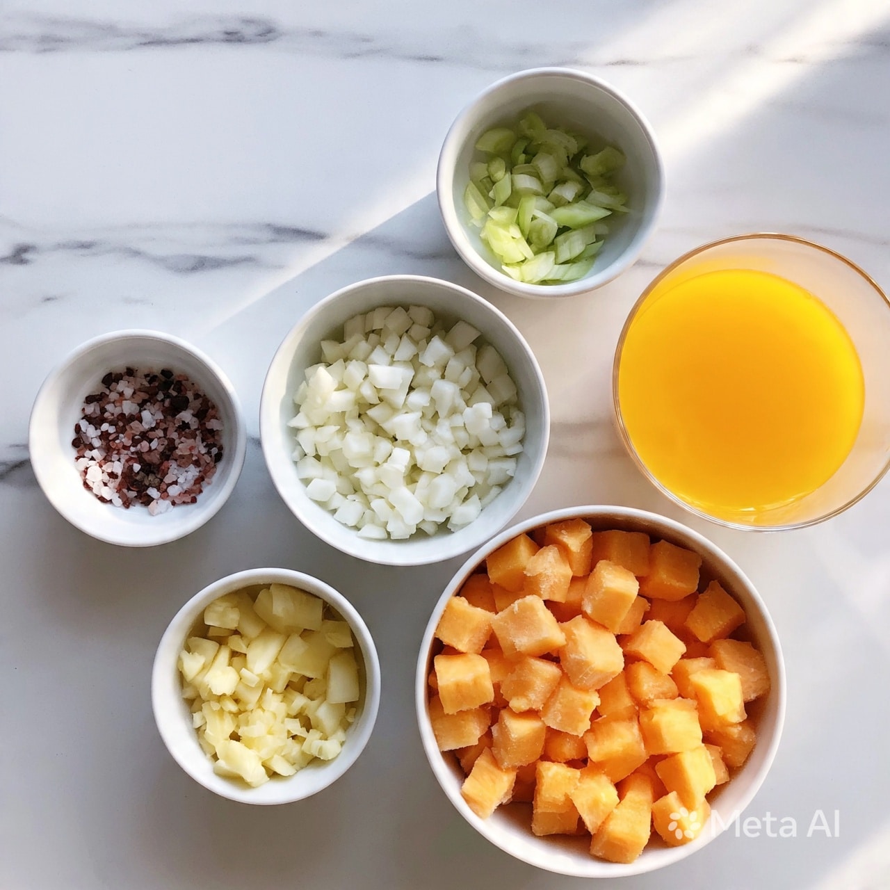 square image The image shows six white bowls arranged on a white marbled surface, each filled with different ingredients. The largest bowl at the bottom right holds many small, orange cubes with a soft texture. Above and to the left, a medium bowl contains small, chopped white pieces that look firm. A smaller bowl directly above that holds small, thin green slices. To the left of the green slices, a tiny bowl contains grains of dark red and white salt. Below that, another small bowl has chopped light yellow pieces that look fresh. To the right of all these, a transparent glass filled with bright orange liquid completes the setup. Photo taken with an iphone --ar 4:5 --v 7