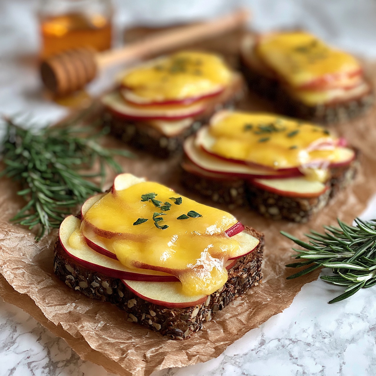 square image The image shows several small pieces of dark, seeded bread as the base, each topped with thin slices of red apple arranged in a slightly overlapping layer. On top of the apple slices, there is a melted golden-yellow cheese layer with a shiny texture that looks slightly bubbly and soft. Small green herb bits, likely rosemary, are sprinkled on the cheese for garnish. The bread pieces rest on crumpled brown parchment paper, with a honey dipper and a small glass jar of honey blurred in the background, alongside a few sprigs of fresh green rosemary. The background surface is a white marbled texture. photo taken with an iphone --ar 4:5 --v 7square image