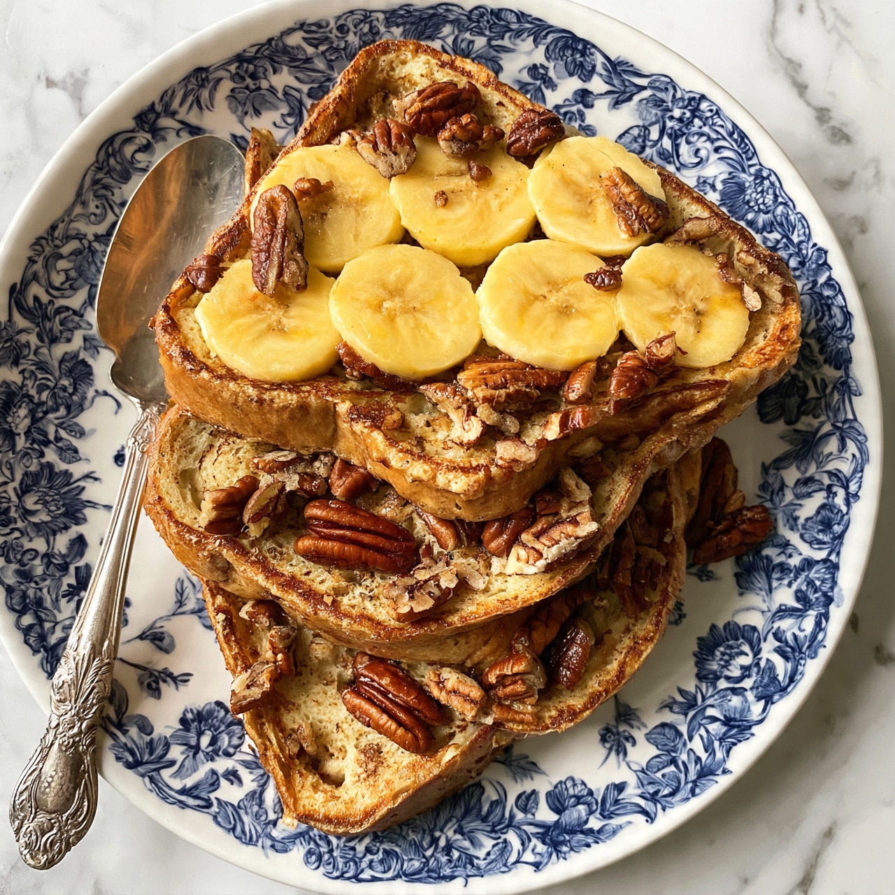 square image A white plate with a blue floral edge holds several slices of golden brown French toast stacked unevenly. The top layer is covered with bright yellow banana slices evenly spread, and there are scattered dark brown pecans all over the toast. The French toast looks soft and thick with a slight crisp edge. A silver spoon with an intricate handle rests on the left side of the plate. The background is a white marbled surface. photo taken with an iphone --ar 4:5 --v 7