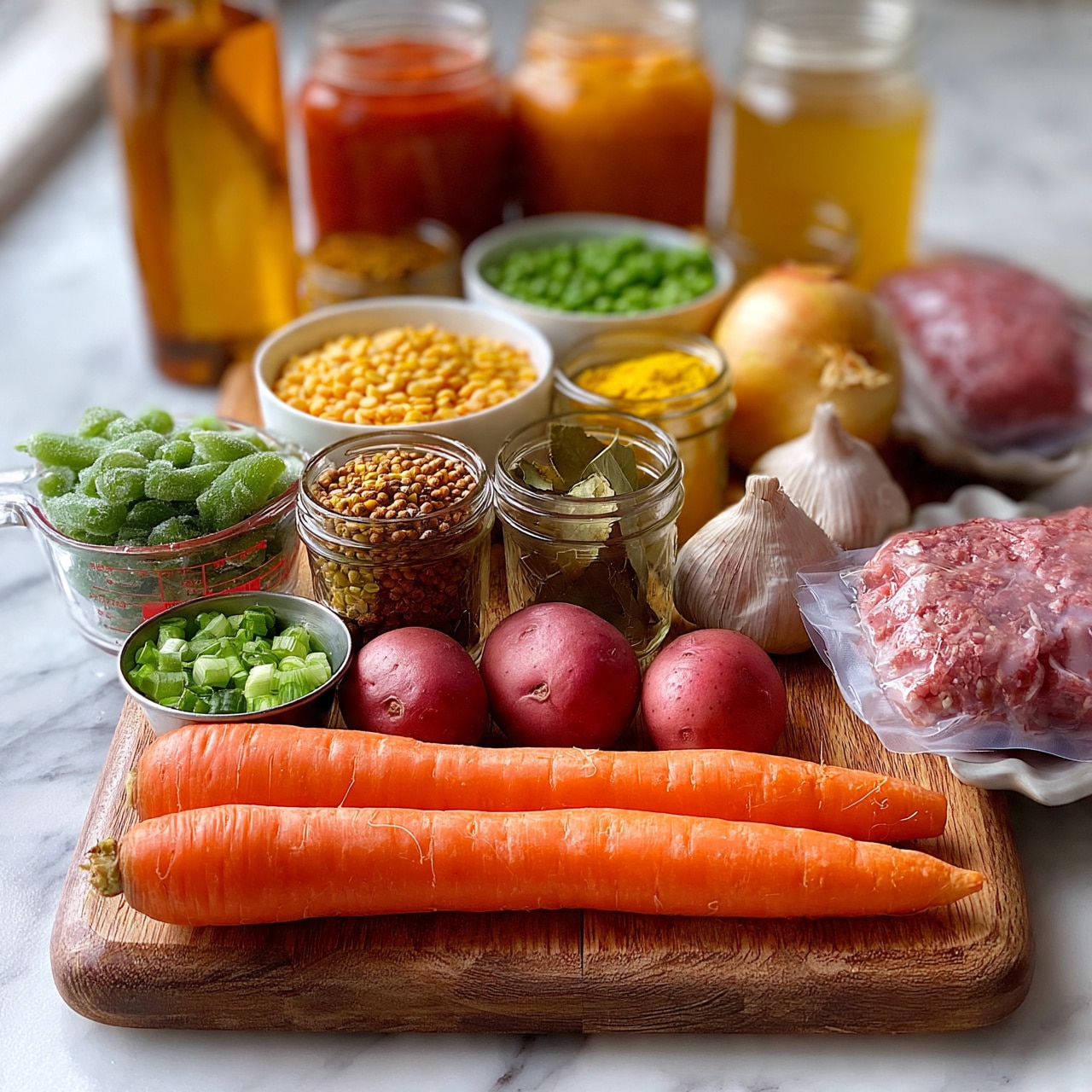 square image The image shows a wooden cutting board placed on a white marbled surface, filled with fresh and dry cooking ingredients. In the front, two large bright orange carrots lie horizontally next to three red potatoes and a small metal bowl full of chopped green onions. Behind them, there is a clear measuring cup with frozen green beans, two white bowls filled with yellow split peas and green peas, and various glass jars holding brown, yellow, and green dried spices and bay leaves. On the right side, two bulbs of garlic and a yellow onion rest on the board near two sealed packages of ground meat sitting on a small white plate. In the back row, three glass jars with red and orange sauces and two jars with golden broth are lined up. A tall amber bottle, likely olive oil, stands on the left side of the board. The whole setup is softly lit with natural light from the left, highlighting the fresh colors and textures of each ingredient photo taken with an iphone --ar 4:5 --v 7