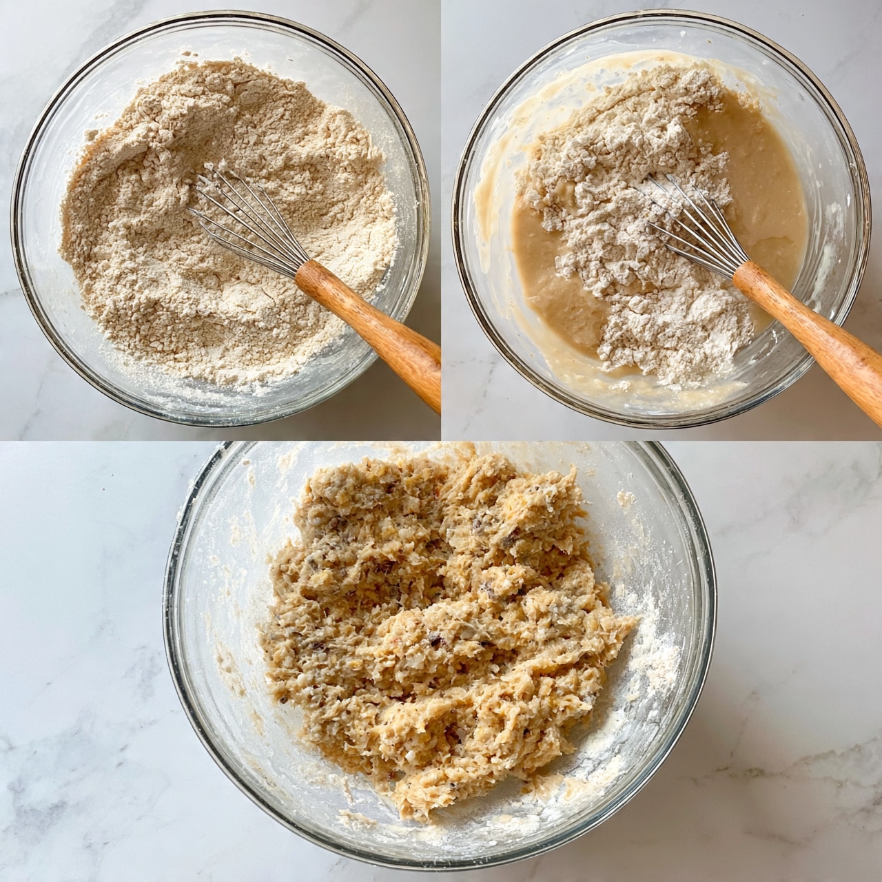 square image The image shows a clear glass bowl on a white marbled surface with three stages of mixing dough inside. In the first stage, there is a light beige flour mixture with a wooden-handled dough whisk placed round in the middle, surrounded by uneven flour texture. The second stage shows the same bowl now containing a mix of the flour with a beige liquid, partially combined with some thick patches of flour still visible, and the whisk slightly immersed in the liquid. The third stage presents a thick, grainy dough mixture, beige with specks of darker color, filling most of the bowl's bottom and showing rough, sticky texture with flour dusted around the edges. Photo taken with an iphone --ar 4:5 --v 7