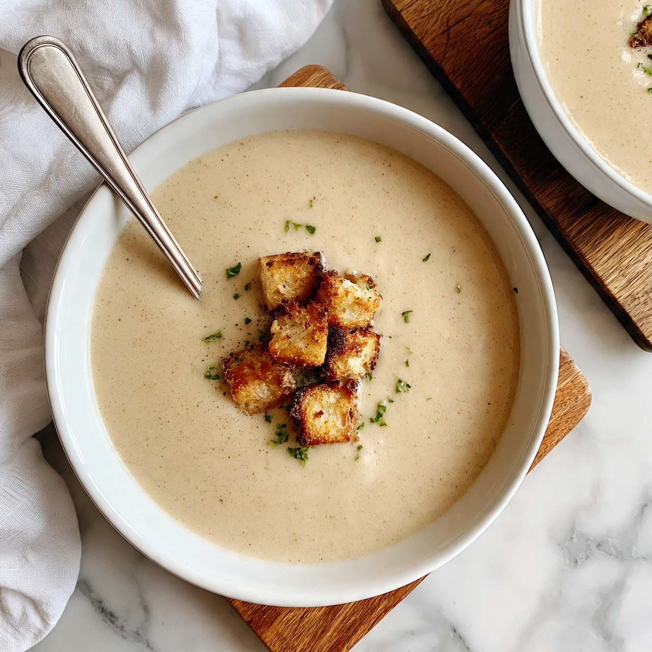 square image A white bowl filled with creamy beige soup shows a few golden brown croutons piled in the middle with tiny green herb sprinkles around them. A silver spoon rests inside the bowl on the left side. The bowl is set on a wooden board that sits on a white marbled surface. A second bowl of soup is partially seen in the background on the right side, also on the wooden board. Nearby, a white cloth napkin is softly folded. The scene looks warm and inviting, photo taken with an iphone --ar 4:5 --v 7