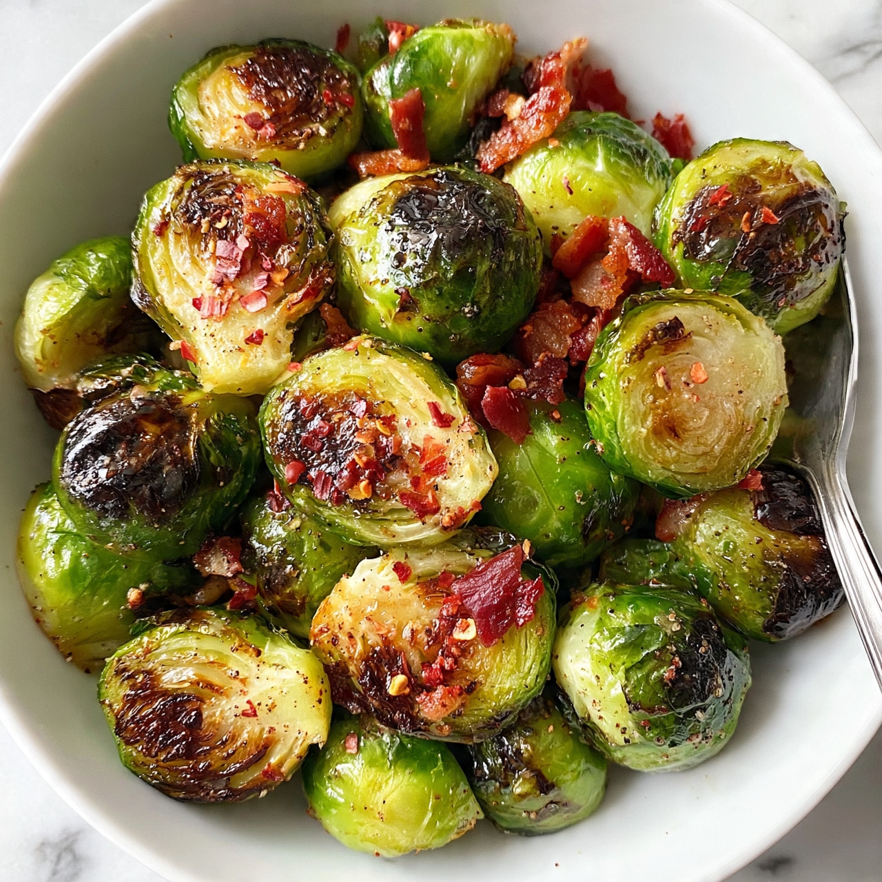 square image A white bowl filled with roasted Brussels sprouts, each cut in half showing a mix of bright green and dark crispy charred brown spots. Scattered on top and mixed in between are small pieces of reddish-brown bacon and red pepper flakes, adding texture and color contrast. The Brussels sprouts have a shiny, slightly oily look with some specks of seasoning sprinkled throughout. A silver spoon is partly visible on the right side of the bowl, resting against the edge. The bowl sits on a white marbled surface photo taken with an iphone --ar 4:5 --v 7