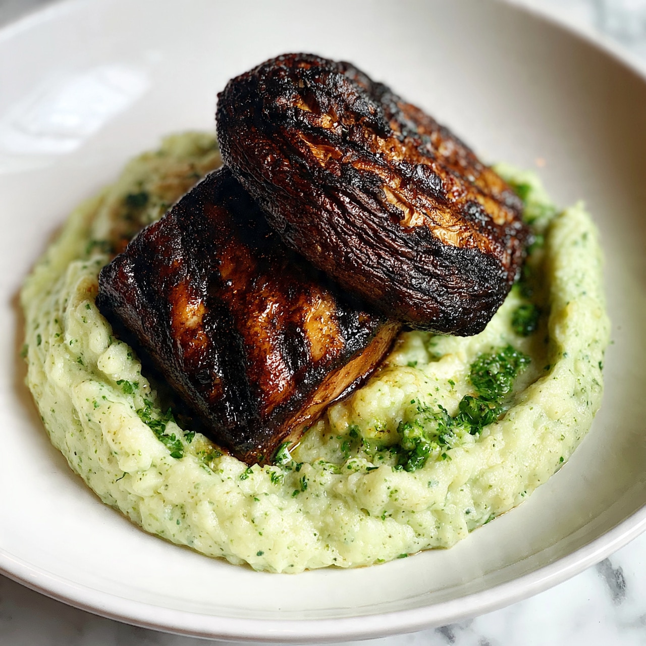 square image A white plate holds a bed of creamy light green mashed potatoes with small green herb pieces mixed in, giving it a speckled texture. On top of the mashed potatoes, two large dark brown grilled mushrooms are placed, showing clear grill marks and a slightly wrinkled texture. The mushrooms are stacked slightly overlapped near the center of the plate. The whole dish is set on a white marbled surface. photo taken with an iphone --ar 4:5 --v 7