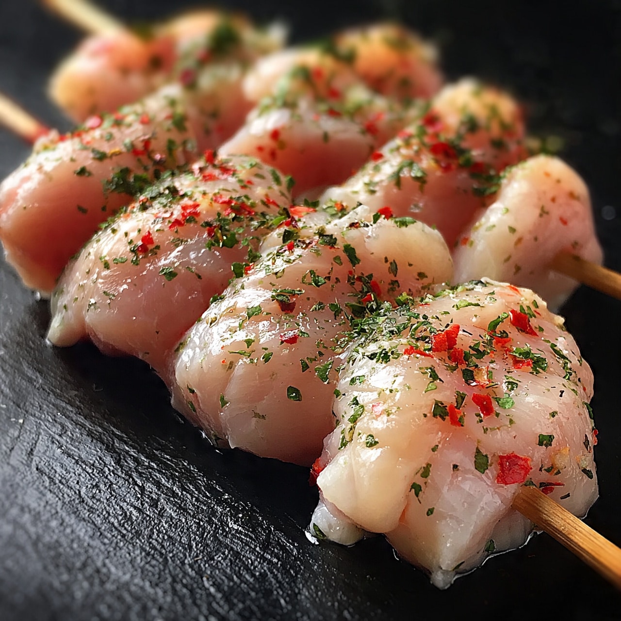 square image The image shows four wooden skewers filled with pieces of raw chicken. The chicken pieces are pale pink with a smooth texture and are sprinkled with green herbs and small red pepper flakes, giving spots of color all over. The skewers are placed close together on a black surface, which contrasts with the light color of the chicken and herbs. photo taken with an iphone --ar 4:5 --v 7