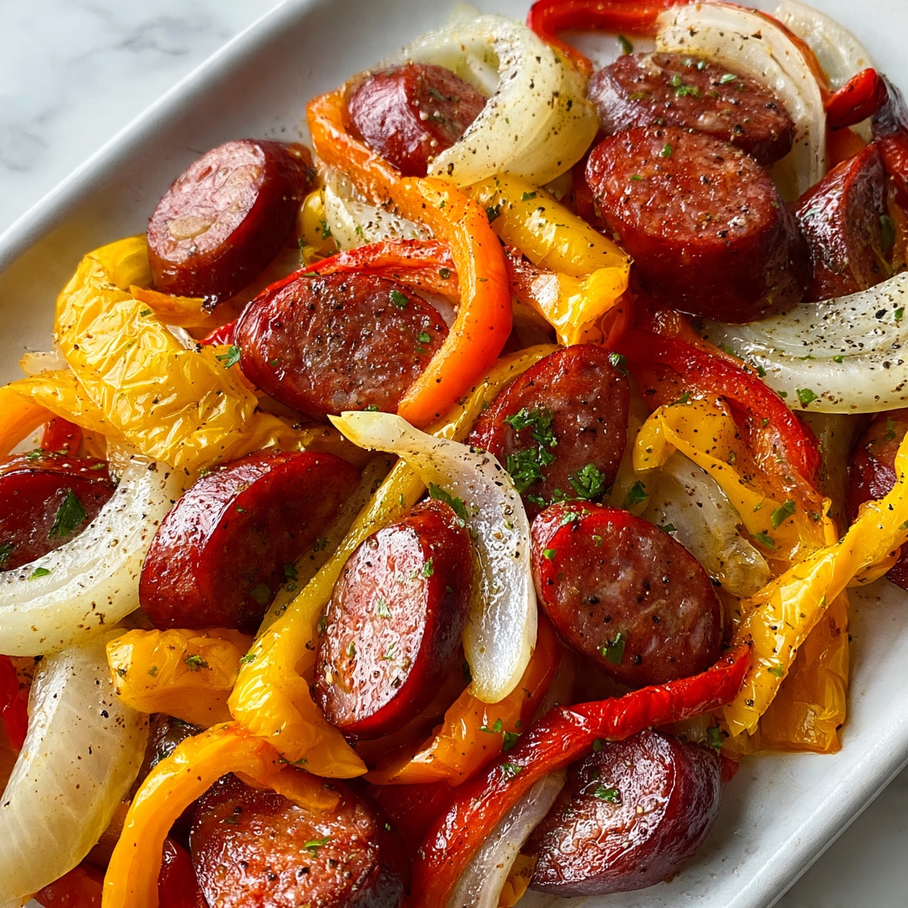 square image The image shows a close-up view of a single layer of cooked sausage slices, mixed with thin strips of yellow, orange, and red bell peppers, and curved slices of white onion. The sausage pieces are a deep reddish-brown with a smooth texture, while the bell peppers have a bright, shiny, and slightly wrinkled surface. The onions appear translucent with a soft texture. The dish is sprinkled lightly with finely chopped green herbs and black pepper, all set on a white marbled surface. photo taken with an iphone --ar 4:5 --v 7