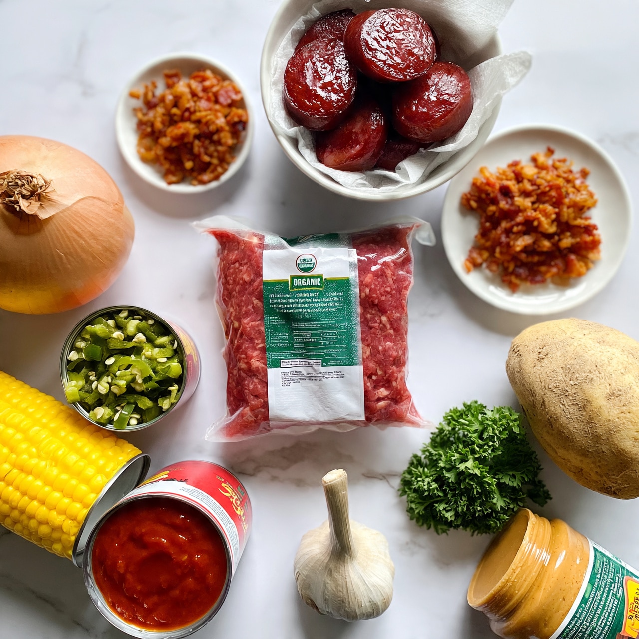 square image The image shows various food ingredients neatly arranged on a white marbled surface. At the center, there is a package of organic ground beef with green and white labeling. To the top right, a white bowl holds several slices of cooked sausage, reddish-brown and glossy, with paper towels resting inside. Nearby, a small white plate contains tiny pieces of crispy cooked bacon with a rich golden brown color. A whole onion with light brown skin sits to the left, next to a small can of green chopped peppers with visible seeds. Two cans are lying horizontally at the bottom left, one with yellow corn and the other with tomato soup or sauce in a red and white can. A stalk of garlic bulb is at the bottom center, and a whole potato with rough light brown skin is on the right. A sprig of green parsley adds a fresh touch near the peanut butter jar lying horizontally at the bottom right. The overall composition is clear and well-lit, photo taken with an iphone --ar 4:5 --v 7