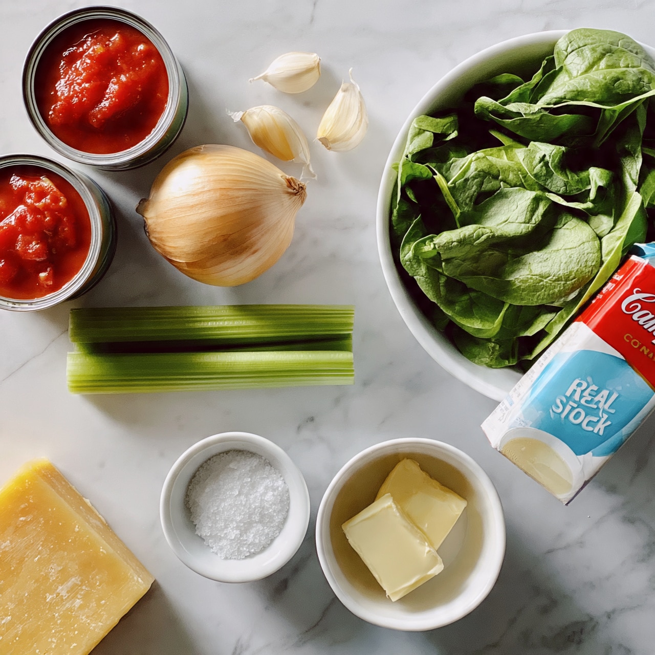 square image The image shows ingredients for cooking arranged neatly on a white marbled surface, including two cans of crushed tomatoes in the top left corner, a whole onion and three cloves of garlic near the upper center, and two stalks of celery placed horizontally below them. To the right is a white bowl filled with fresh green spinach leaves. There is a carton of Campbell's Real Stock chicken broth on the right side. Near the center bottom, a white bowl holds a small amount of granulated salt, next to it a white bowl contains two pats of butter. A block of yellow Parmesan cheese is positioned at the bottom left corner. The setup gives a clear, orderly look at the fresh ingredients for a meal. photo taken with an iphone --ar 4:5 --v 7