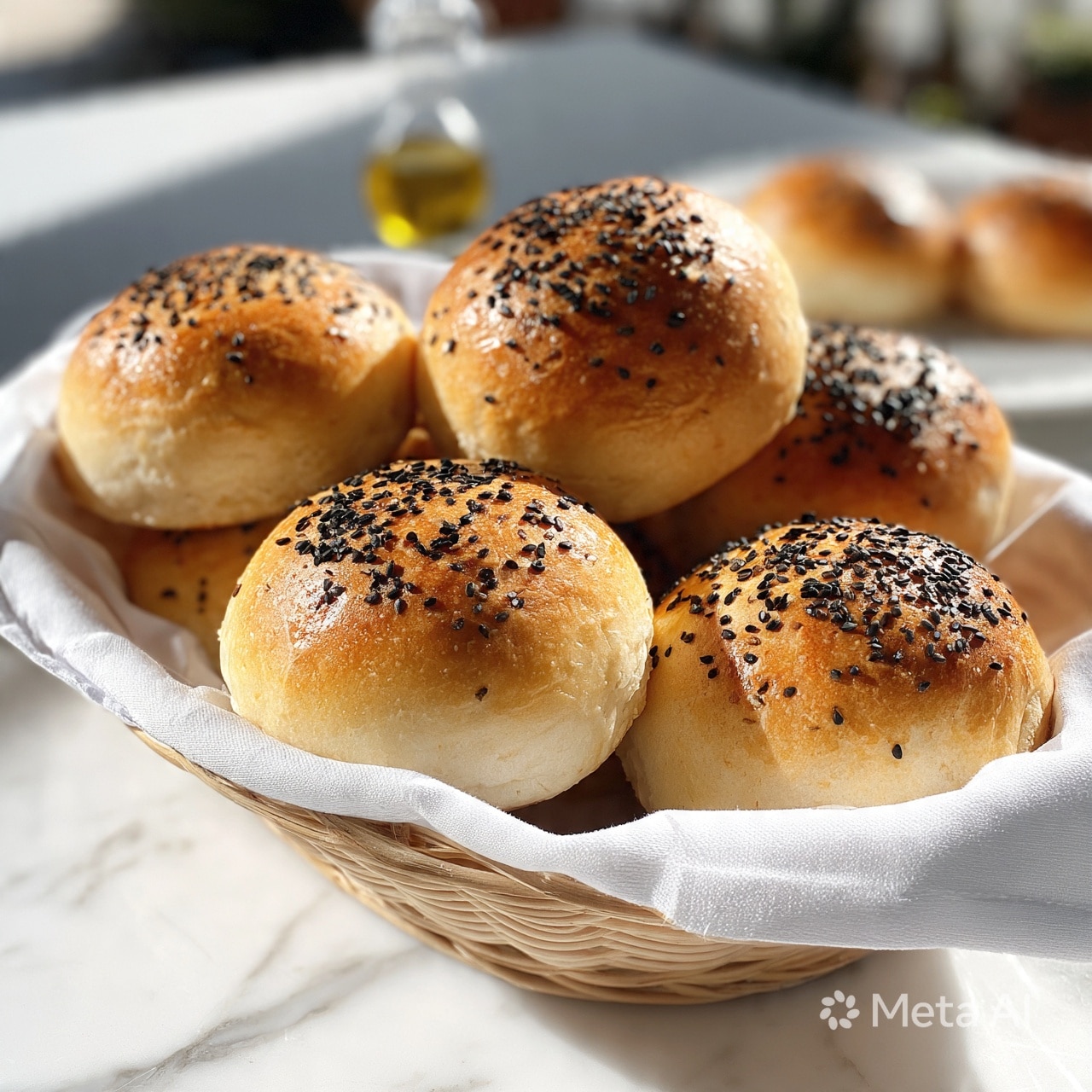 square image The image shows a basket filled with six golden-brown rolls sprinkled with black sesame seeds. The rolls have a smooth, shiny surface and are placed on a white cloth inside the basket. The basket sits on a white marbled surface. In the background, there is a small glass bottle of olive oil and a white plate with two similar rolls, slightly blurred. The lighting is bright, highlighting the soft texture and color of the rolls. photo taken with an iphone --ar 4:5 --v 7