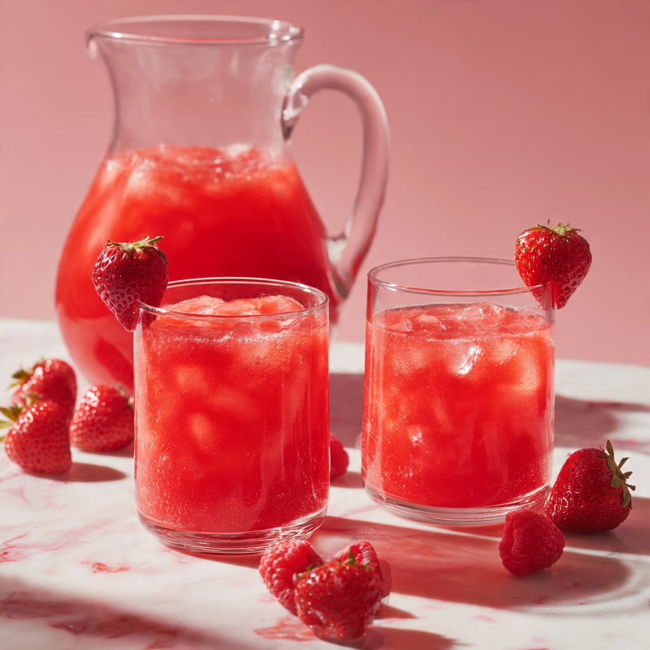 square image The image shows a clear glass pitcher and two clear glasses filled with bright red strawberry juice. The glasses have ice cubes inside, and each glass is decorated with a fresh strawberry on the rim. The pitcher is also full of the same red juice, and the background is a soft pink color. Fresh strawberries and raspberries are scattered on a white marbled surface around the glasses and pitcher, adding a fresh and vibrant look. The scene looks fresh and inviting, with clean lines and bright colors. photo taken with an iphone --ar 4:5 --v 7