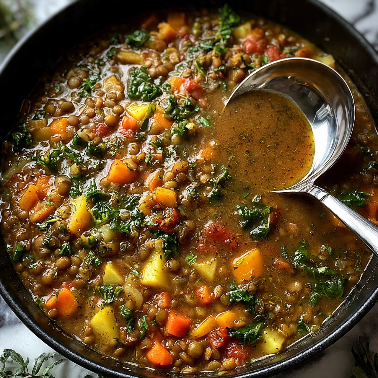 square image A large black pot filled with thick lentil soup that has a rich brown color with visible layers of cooked lentils, orange and yellow diced carrots and potatoes, green leafy kale, and small pieces of red tomatoes scattered throughout. The soup has a textured broth with some herbs sprinkled on top. A shiny silver ladle rests inside the pot, partially submerged in the soup. The pot is set on a white marbled surface with some green foliage slightly visible around the edges. Photo taken with an iphone --ar 4:5 --v 7