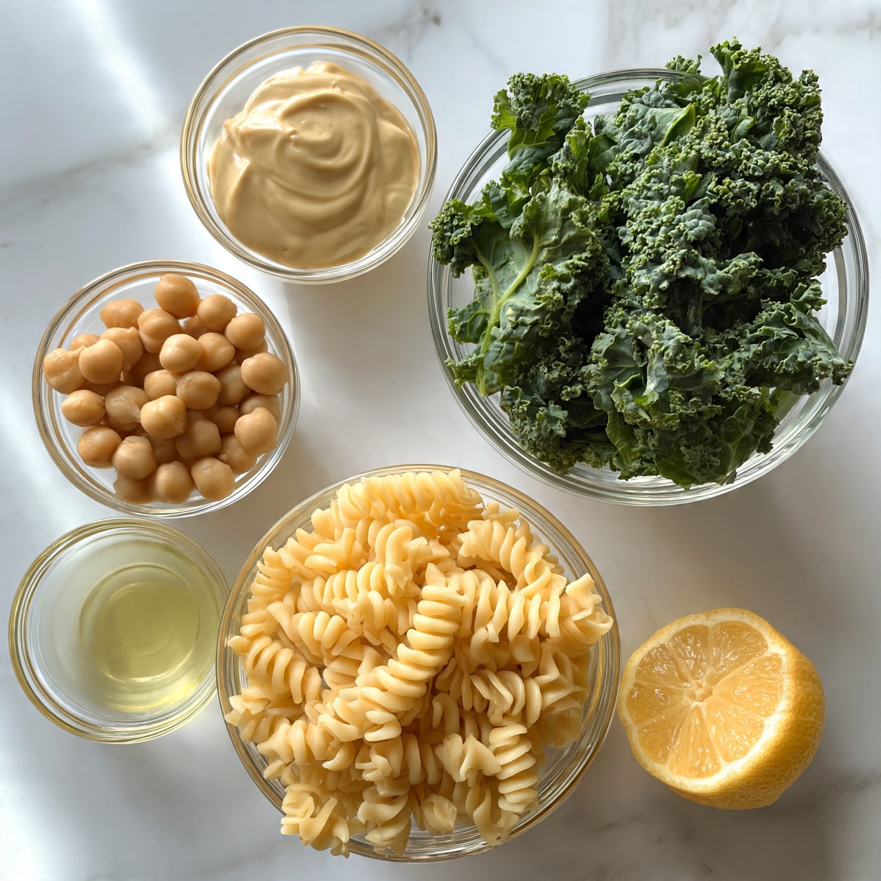 square image The image shows six clear glass bowls placed on a white marbled surface in a loose arrangement. The largest bowl on the right is filled with fresh green kale leaves with a rough, bumpy texture. Below it, there is a medium bowl full of light yellow spiral pasta. To the left of the pasta bowl is a smaller bowl filled with round, light brown chickpeas. Above the chickpeas is another small bowl containing a creamy beige sauce, smooth in texture. Near the pasta bowl, there is a small clear bowl of pale yellow oil and a halved lemon with a bright yellow interior and slightly textured peel. The scene is bright and clean, with a soft natural light. Photo taken with an iphone --ar 4:5 --v 7