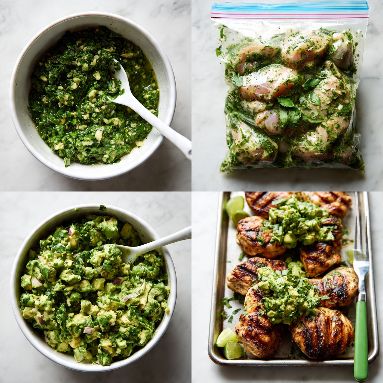 square image A set of four images showing the process of making chicken with avocado topping on a white marbled surface. The first image shows a white bowl filled with a green herb sauce made of finely chopped greens and garlic with a white spoon inside. The second image displays raw chicken pieces marinating in a clear zip-lock bag with the same herb sauce and small green leaves. The third image features a white bowl filled with a chunky avocado salad mixed with green herbs and small pieces of red onion, with a white spoon in the bowl. The last image shows grilled chicken pieces placed on a metal tray, topped with the avocado salad, with a few lime wedges on the tray and a green-handled fork resting on the edge. Photo taken with an iphone --ar 4:5 --v 7