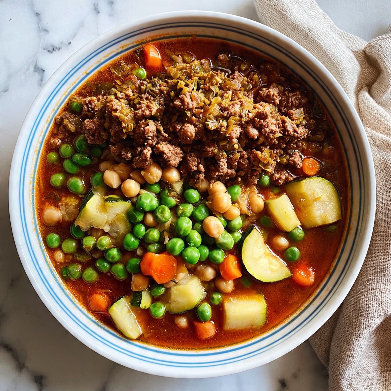 square image A white bowl filled with a colorful stew on a white marbled surface. The stew has a rich reddish-brown broth with layers of green peas, chickpeas, small orange carrot slices, and chunks of light yellow zucchini scattered throughout. There is also a layer of browned ground meat mixed with finely chopped vegetables on top. The bowl has thin blue rings around its edge, and a beige cloth napkin is partly visible next to it. Photo taken with an iphone --ar 4:5 --v 7