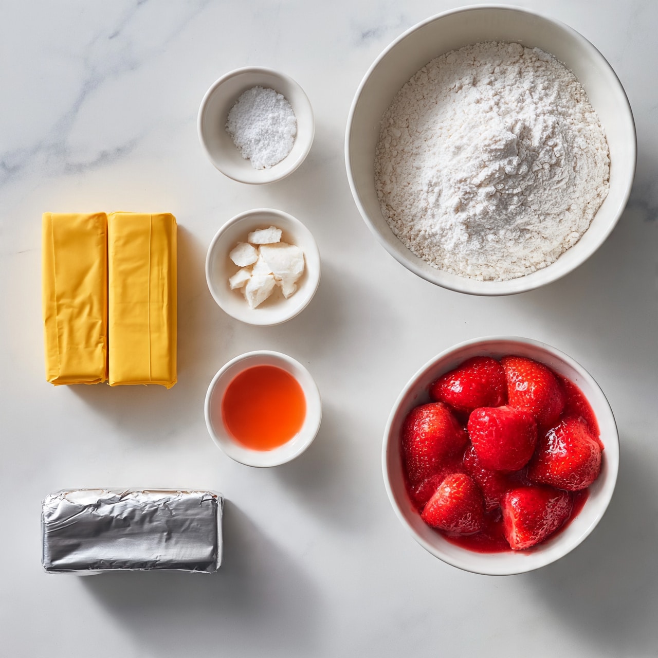 square image The image shows ingredients arranged neatly on a white marbled surface: two sticks of butter in yellow wrappers stacked side by side, a small white bowl with a white powder, a small white bowl with an orange liquid, a small white bowl filled with white chunks, a large white bowl full of white flour, a silver foil-wrapped block at the bottom left, and a medium white bowl filled with bright red strawberries and sauce at the bottom right. Photo taken with an iphone --ar 4:5 --v 7