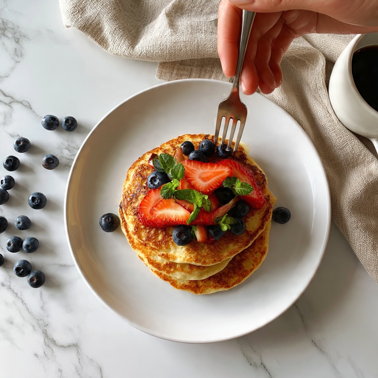 square image The image shows a white plate with three stacked golden brown pancakes in the center. On top, there are sliced red strawberries, dark blueberries, and small leaves of fresh green mint, creating a mix of red, blue, and green colors. Next to the plate on a white marbled surface, more blueberries are scattered, and a woman's hand is holding a fork above the pancakes. A beige cloth and a white cup with dark syrup are also partially visible near the plate. photo taken with an iphone --ar 4:5 --v 7