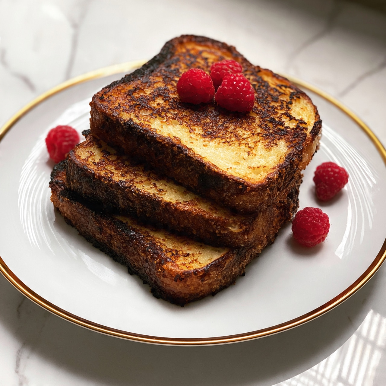 square image The image shows a white plate with a golden rim holding three thick slices of toasted bread stacked slightly overlapping. The bread slices have a crispy brown crust with some darker charred spots and a soft inside with a light golden color. Small clusters of bright red raspberries are placed on top of the bread and around the plate, adding a fresh contrast. The plate sits on a white marbled surface that softly reflects light. photo taken with an iphone --ar 4:5 --v 7