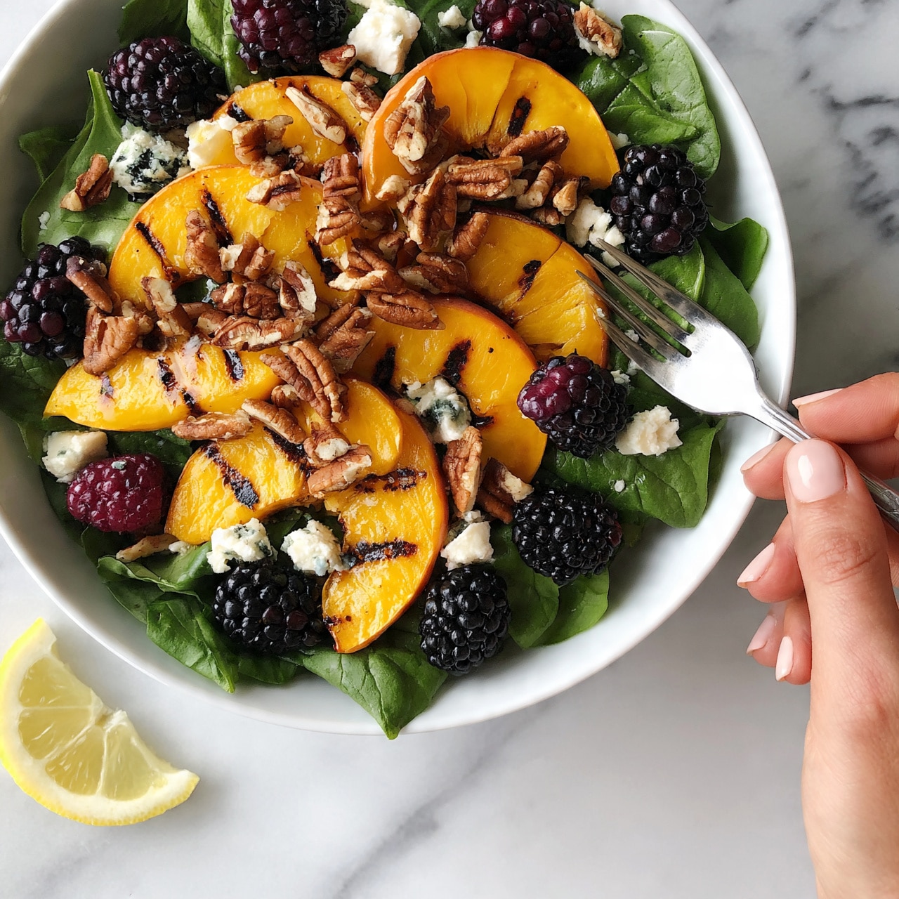square image A white bowl filled with a fresh salad layered with green spinach leaves at the bottom, topped with bright orange slices of grilled peach showing light char marks, dark purple blackberries scattered around, small chunks of white cheese, and brown pecan nuts spread evenly on top. A lemon wedge is seen on the white marbled surface next to the bowl, and a woman's hand is holding a small silver fork near the edge of the bowl. The overall look is colorful and fresh with natural lighting. photo taken with an iphone --ar 4:5 --v 7