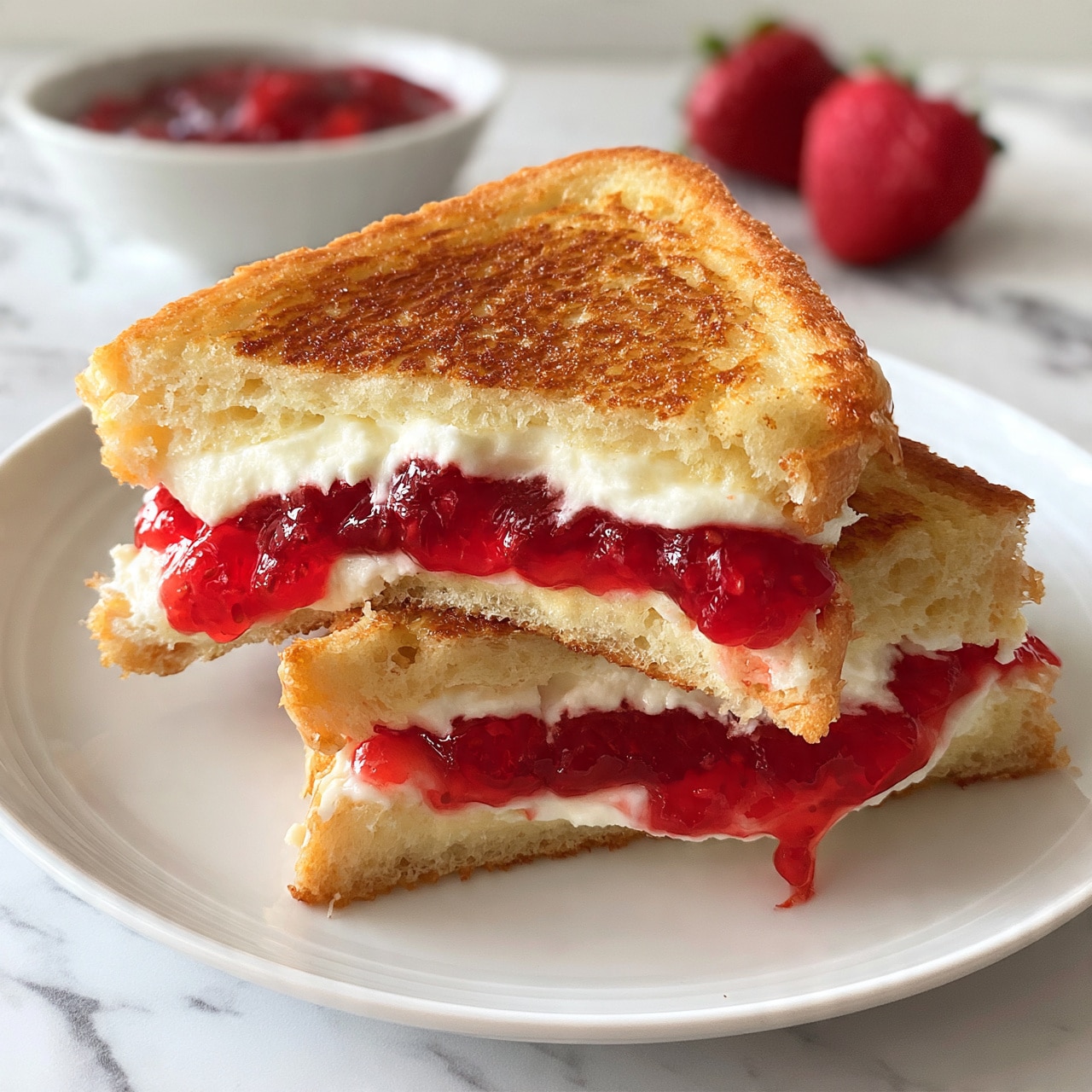 square image A white plate is filled with two triangular pieces of a sandwich. The sandwich has fluffy golden toast on the outside, and inside there are soft white layers of creamy cheese and a thick bright red strawberry jam. The jam looks shiny and a bit runny, dripping slightly over the side. In the background, there is a white bowl with more red jam and some fresh red strawberries on the white marbled surface. The scene is well lit, showing the contrast between the warm sandwich and cool surroundings. Photo taken with an iphone --ar 4:5 --v 7