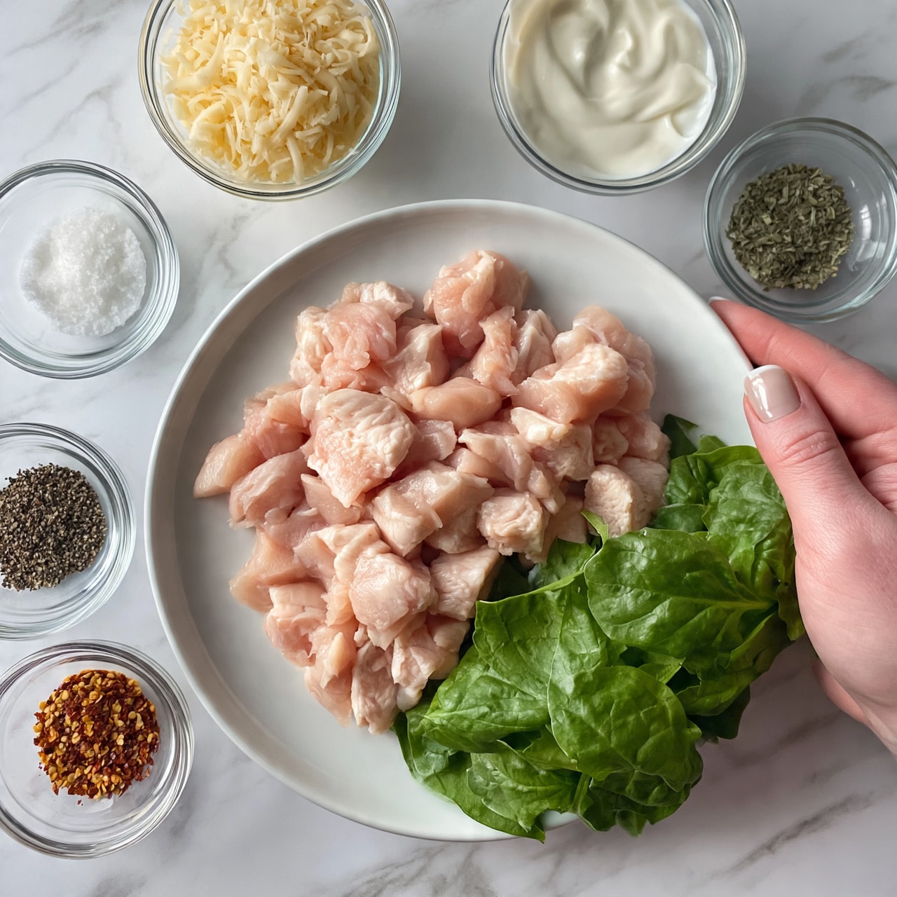 square image The image shows a white plate filled with raw diced chicken pieces at the center, surrounded by fresh bright green spinach leaves on the lower right side. Around the plate, there are small clear glass bowls containing various ingredients: one with shredded light yellow cheese, another with a white creamy sauce, and others with seasonings including salt, black pepper, red pepper flakes, and dried herbs. All items are placed on a white marbled surface. A woman's hand holds the plate from the right side. Photo taken with an iphone --ar 4:5 --v 7