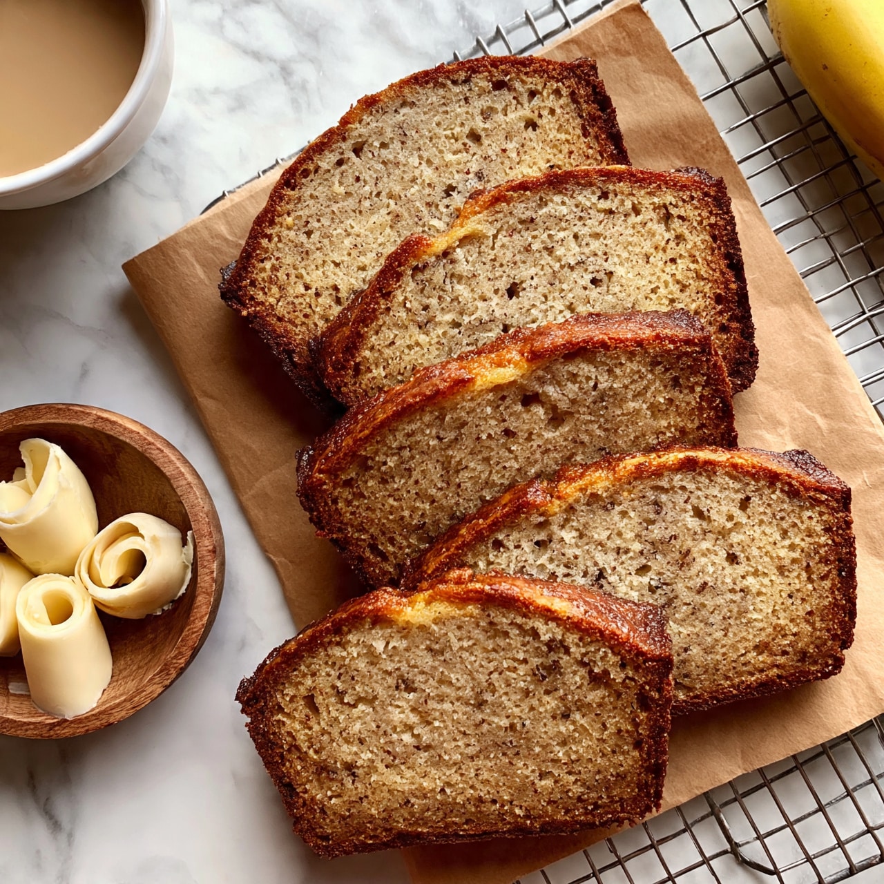 square image Five slices of banana bread with light brown inside and darker brown crust are arranged overlapping each other on a brown parchment sitting on a wire rack. Next to the bread, on the left side, is a small wooden round bowl holding three curled portions of pale butter. The surface underneath is a white marbled texture. At the top left corner, a white cup filled with light brown coffee is partially visible, and at the top right corner, part of a yellow banana is shown. photo taken with an iphone --ar 4:5 --v 7