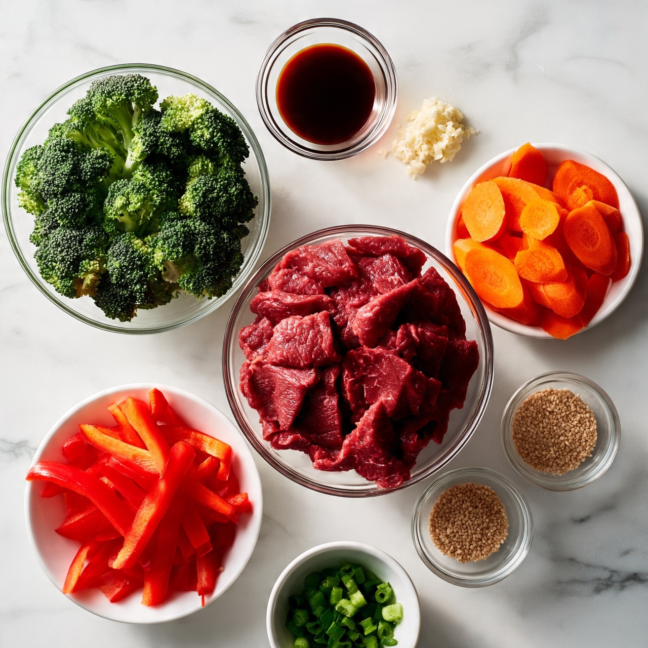 square image A top view of several clear and white bowls arranged on a white marbled surface, each holding different fresh ingredients: a large clear bowl in the center filled with thin slices of raw red meat; a clear bowl to the left full of green broccoli florets; a white bowl below with bright red bell pepper strips; a white bowl to the right with orange carrot slices; a small clear bowl with a dark liquid above the meat; a small clear bowl with minced garlic next to it; another small clear bowl near the carrots containing light brown sesame seeds; and a small white bowl at the bottom holding chopped green onions. Photo taken with an iphone --ar 4:5 --v 7