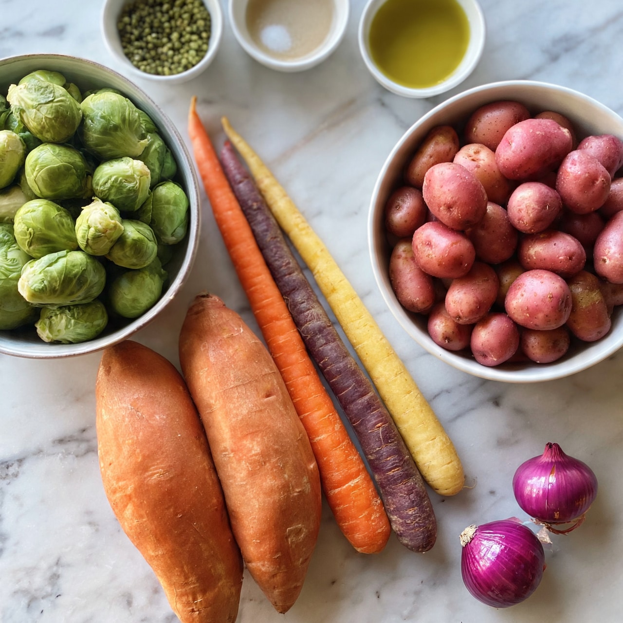 square image The image shows several fresh ingredients laid out neatly on a white marbled surface. On the left side, there is a bowl filled with green Brussels sprouts that look round and fresh. Next to it are three whole sweet potatoes with a smooth, orange skin and three long carrots in shades of orange, purple, and yellow, placed diagonally. On the right side, there is a full white bowl of small red potatoes. Near the top, small white bowls hold green peppercorns, salt, a light liquid (likely vinegar or broth), and olive oil with a golden color. Two small red onions sit on the bottom right corner, showing shiny purple skin. The overall look is fresh and organized in a clean setting. Photo taken with an iphone --ar 4:5 --v 7