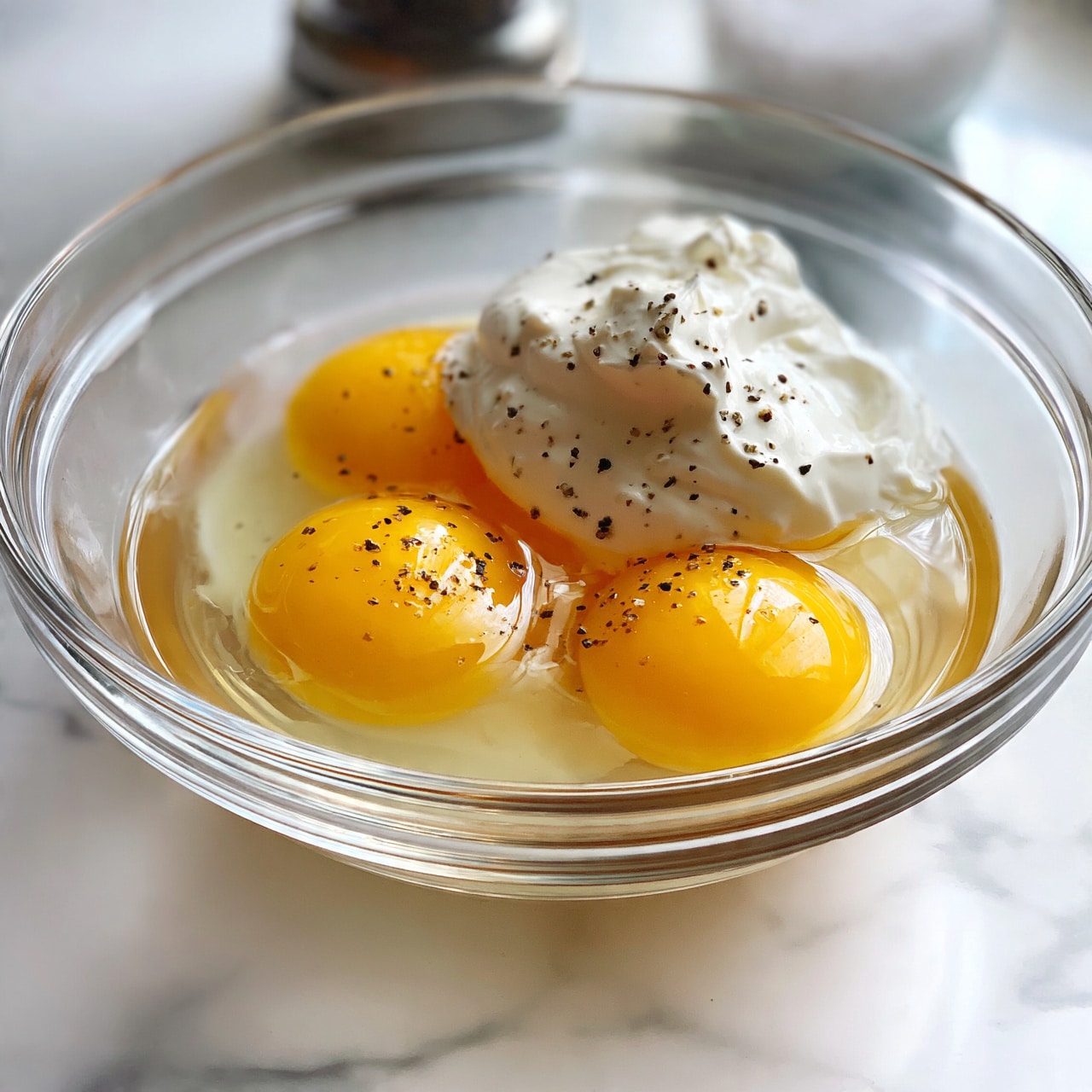 square image A clear glass bowl sits on a white marbled surface, filled with three raw eggs with bright yellow yolks floating in translucent egg whites. A generous dollop of thick white sour cream rests on top of the eggs, sprinkled with small black pepper flakes. In the background, blurred pepper grinder and salt shaker add depth. Photo taken with an iphone --ar 4:5 --v 7