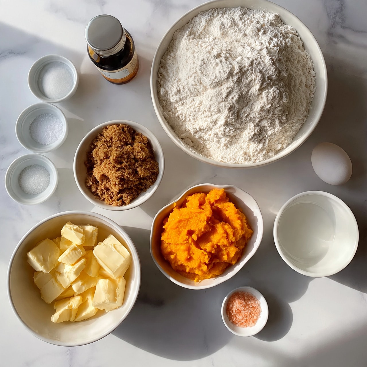 square image The image shows several white bowls and small containers arranged on a white marbled surface, each holding different baking ingredients. There is a large bowl filled with white flour, a white bowl with pale yellow butter chunks, a small bowl with brown sugar, and a small dish containing bright orange pumpkin puree. Surrounding these are tiny white bowls holding salt, baking soda, and another white powder. There's a jar of vanilla extract and a white small bowl with a white liquid, likely milk or cream. Also visible is one white egg and a small dish of pink salt. The textures vary from soft butter and smooth pumpkin to fine powders and granules. Photo taken with an iphone --ar 4:5 --v 7