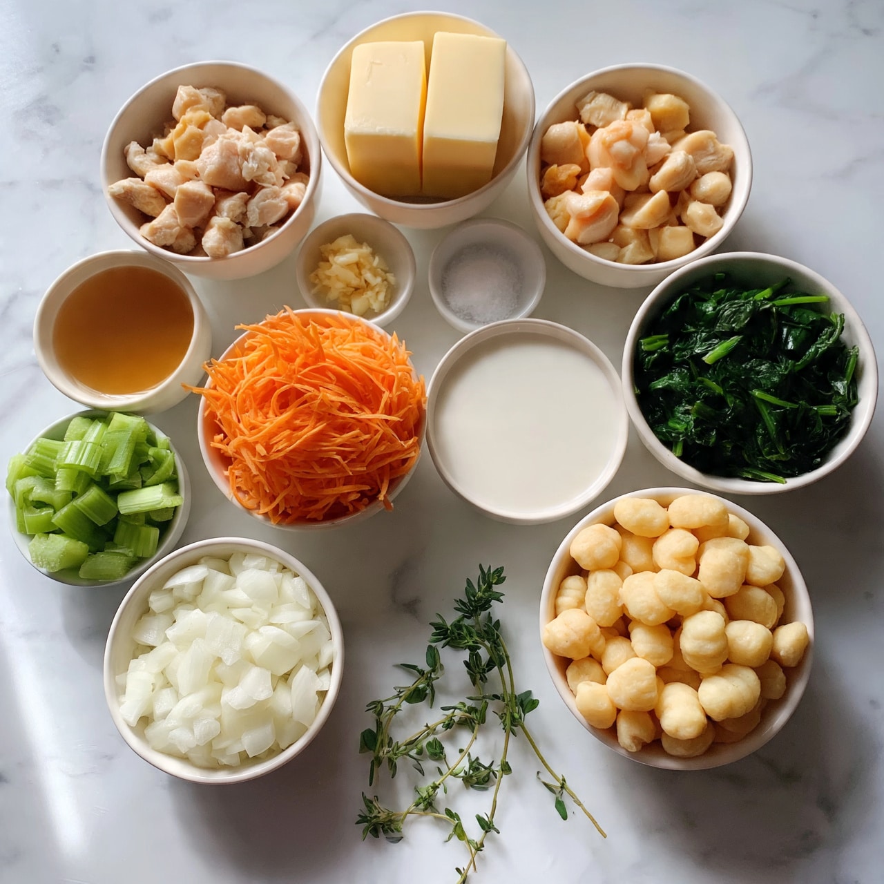 square image The image shows a white marbled surface with 11 small white bowls arranged in a loose circular pattern, each holding different cooking ingredients. Starting from the top center and moving clockwise: a bowl with two rectangular blocks of light yellow butter, a bowl filled with small chunks of cooked chicken, a tiny bowl with minced garlic, a tiny bowl with white salt, a bowl with light brown broth, a bowl with shredded orange carrots, a bowl with white creamy liquid, a bowl with small light yellow gnocchi, a bowl with chopped green celery, a bowl with chopped white onions, and a bowl filled with dark green leafy spinach. Near the front center, there is a small bunch of fresh green thyme leaves. The bowls and ingredients create a colorful, tidy and organized cooking layout. photo taken with an iphone --ar 4:5 --v 7
