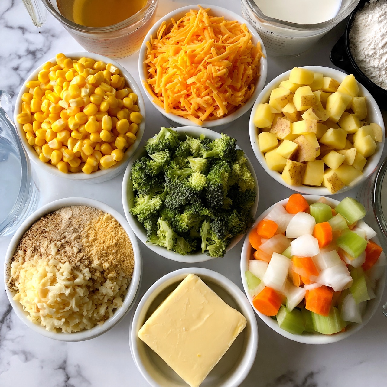 square image The image shows a top view of several small white bowls and clear cups neatly arranged on a white marbled surface, each containing different fresh ingredients. The bowls hold bright yellow corn kernels, finely shredded orange cheddar cheese, small diced yellow potatoes with skin, chopped green broccoli florets, a mixture of sliced orange carrots, diced white onions, and sliced green celery, as well as a combination of light brown and beige spices with minced garlic in one bowl and a solid block of pale yellow butter in a separate bowl. A clear measuring cup contains a light brown liquid broth, and another clear measuring cup holds a white creamy liquid, while a black measuring cup contains white flour. The vibrant colors contrast nicely with the clean, white marbled background, creating a fresh and organized look. Photo taken with an iphone --ar 4:5 --v 7